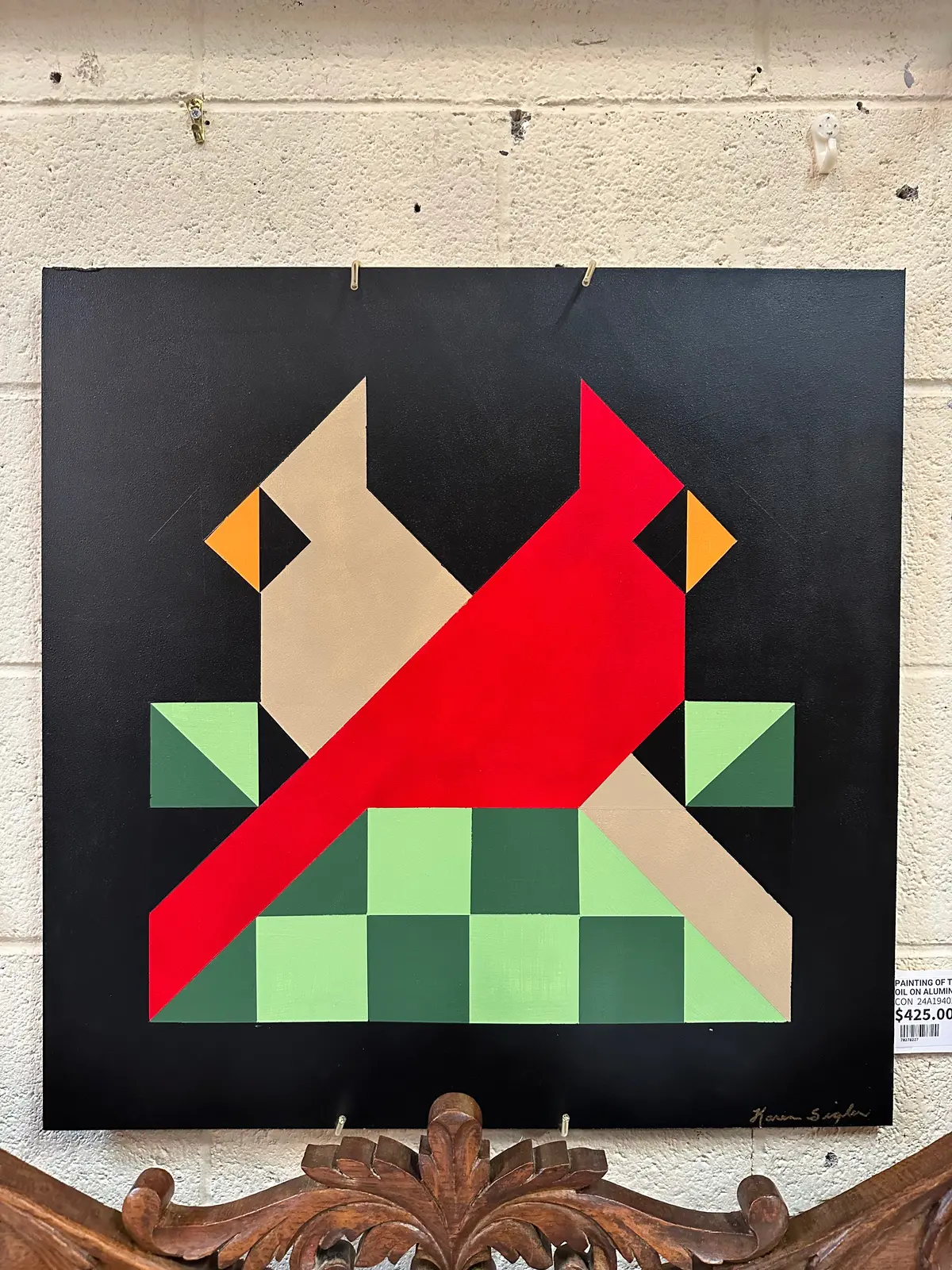 Painting Of Two Cardinals Oil On Aluminum Signed 1