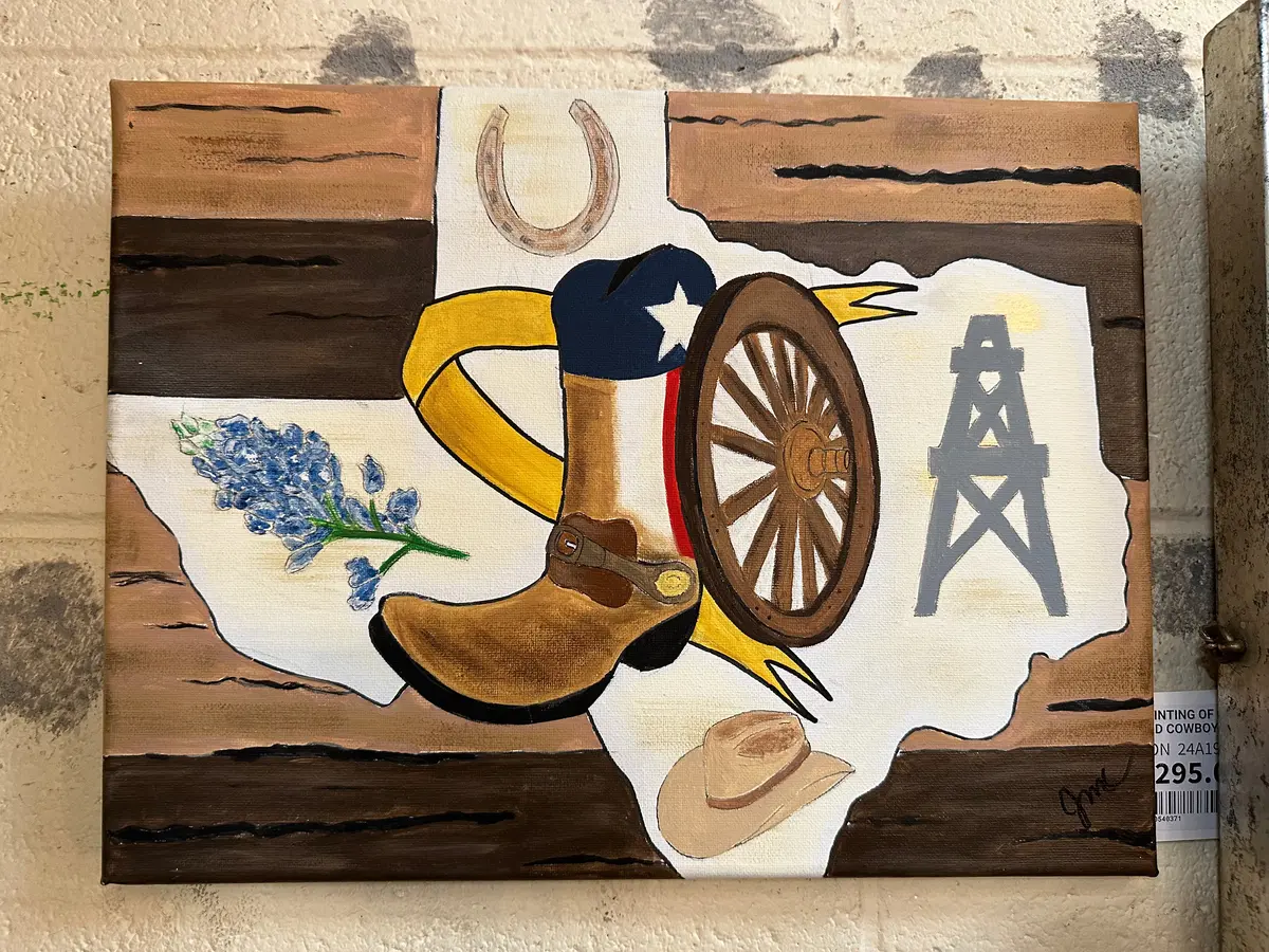 Painting Of Oil Derrick Pistol And Cowboy Boot Oil On Canvas 1