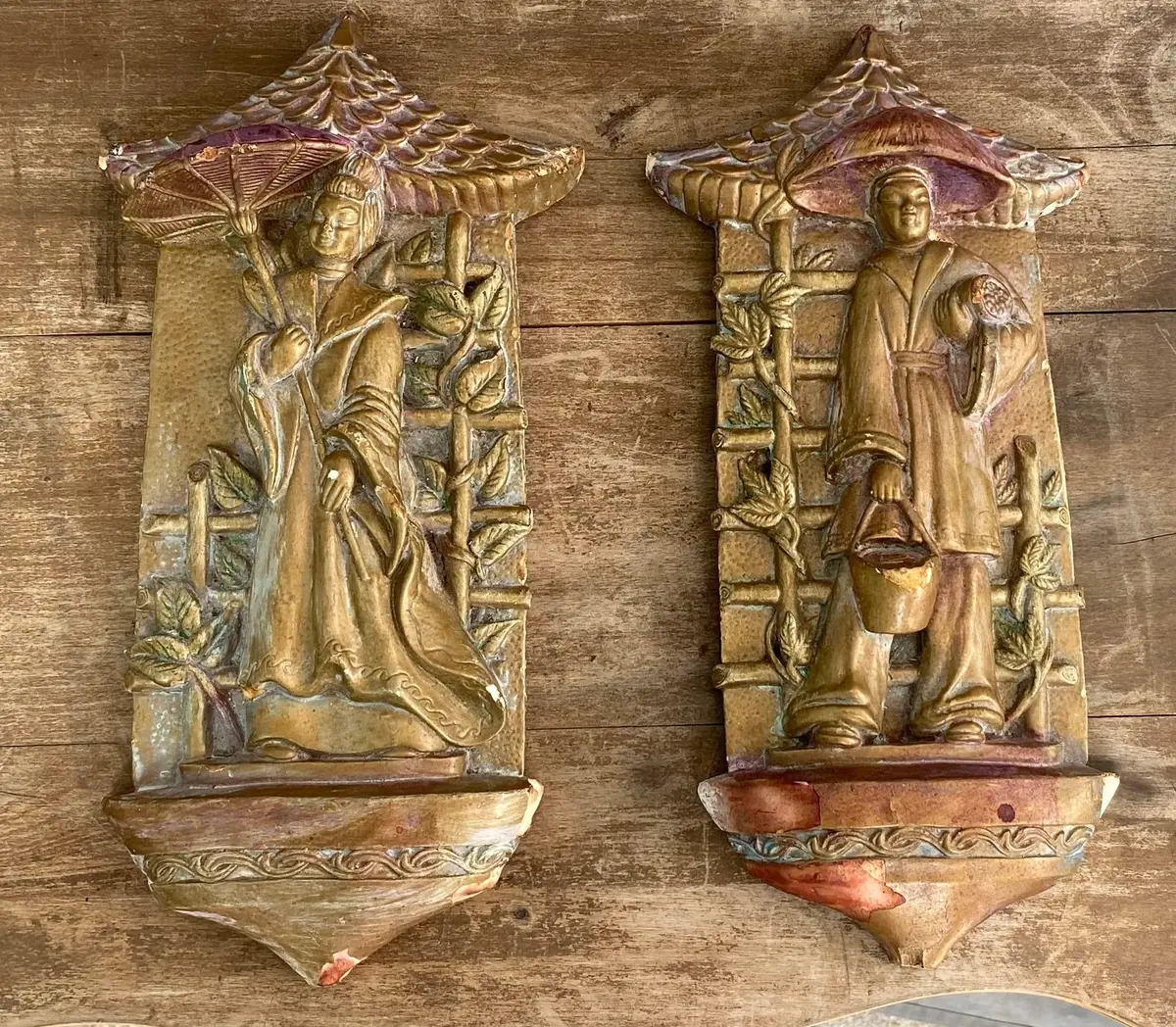 Pair Of Chalk Chinese Man And Woman Wall Plaques 1