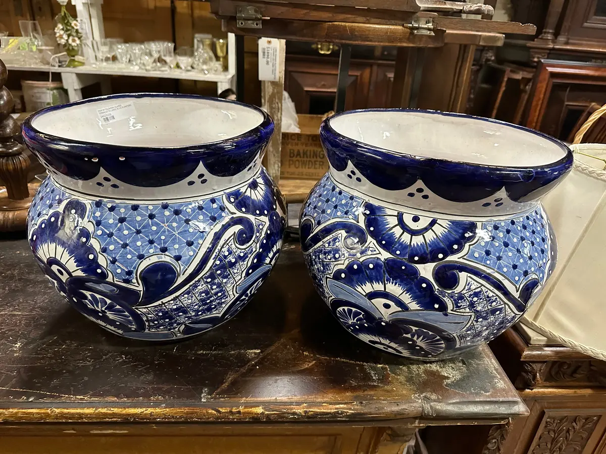 Pair Of Talavera Glazed Terracotta Large Blue Planters 1