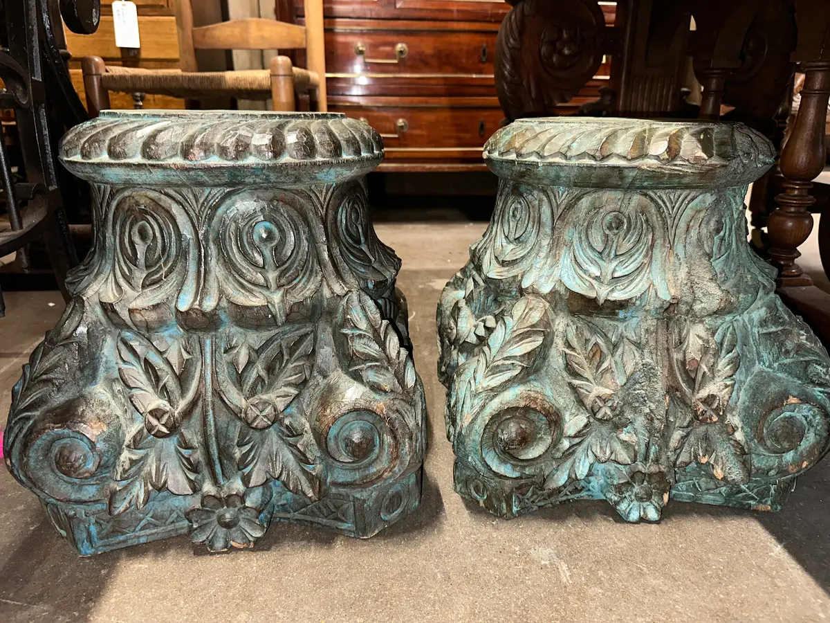Pair Painted Blue Carved Capitals 1