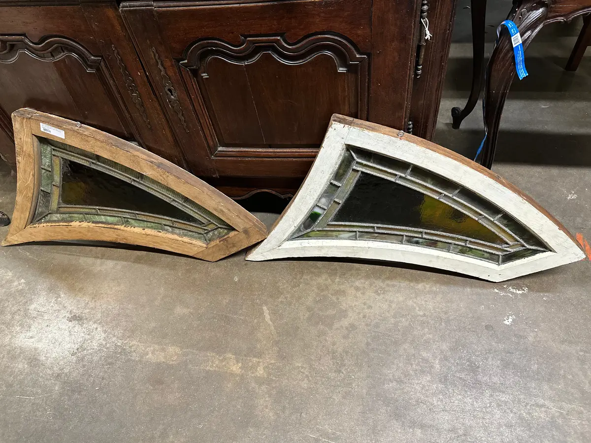 Pair American Stained Glass Kite Windows Oak Framed 1