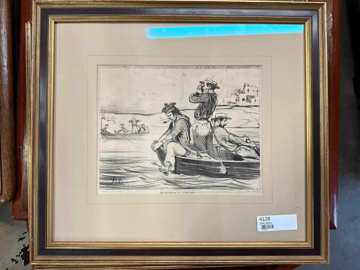 French Etching Of Men In A Boat 1
