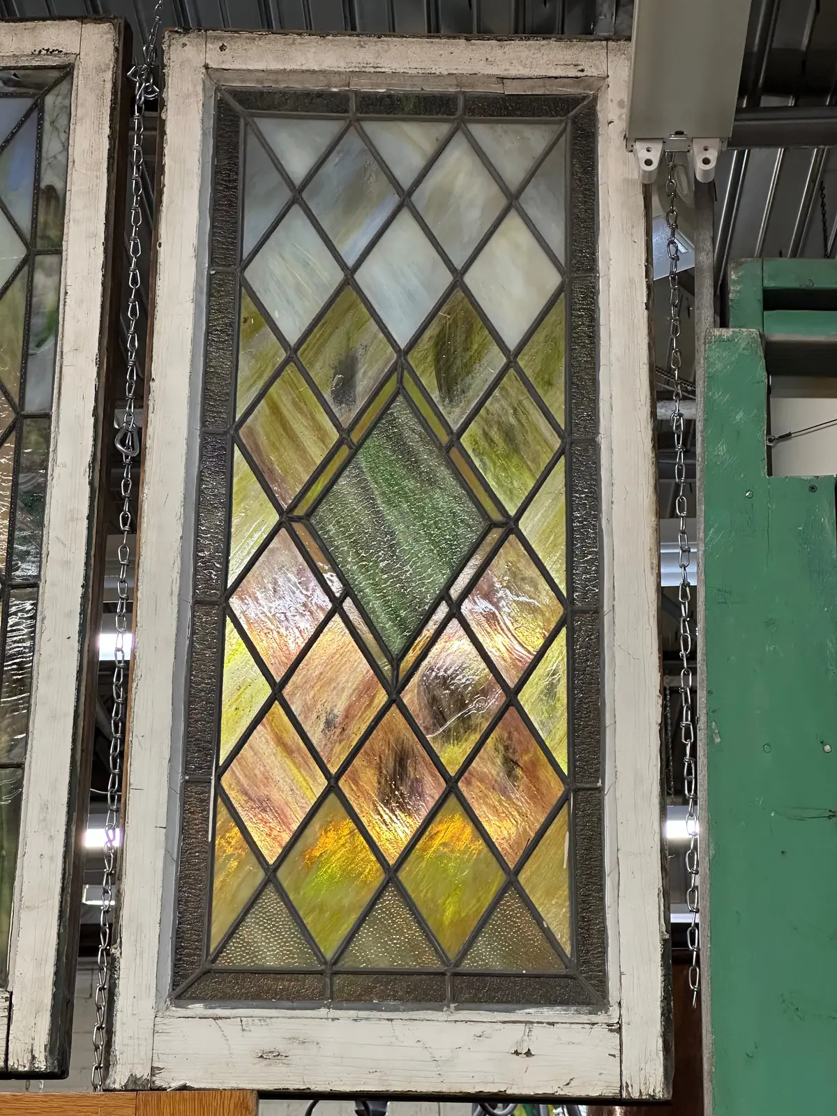 Tall Oak Framed Zinc Rectangular Colonial Cambed American Gothic Stained Glass Window 1