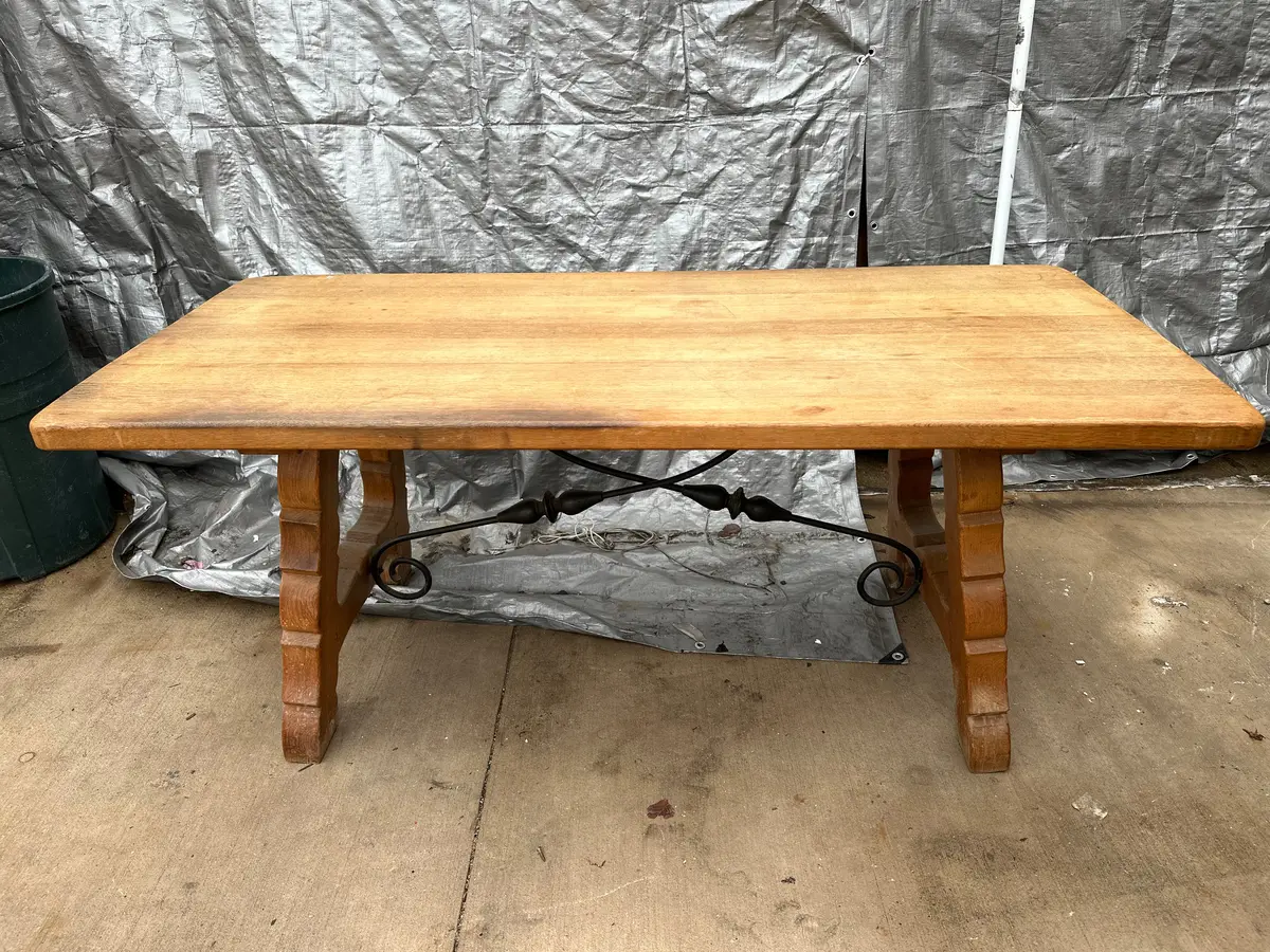 Spanish Iron Stretcher Light Oak Table 1