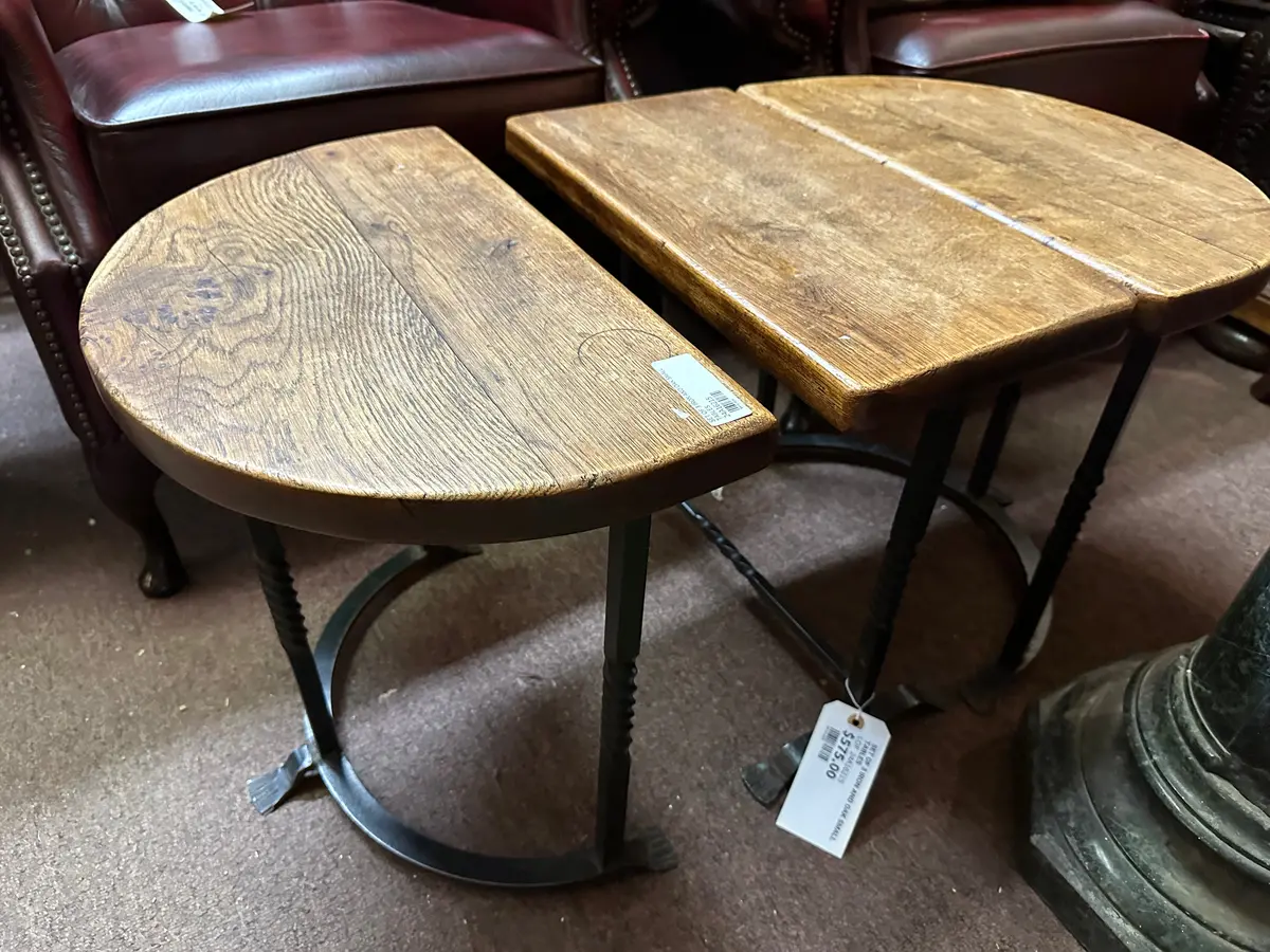 Set Of 3 Iron And Oak Small Tables 1