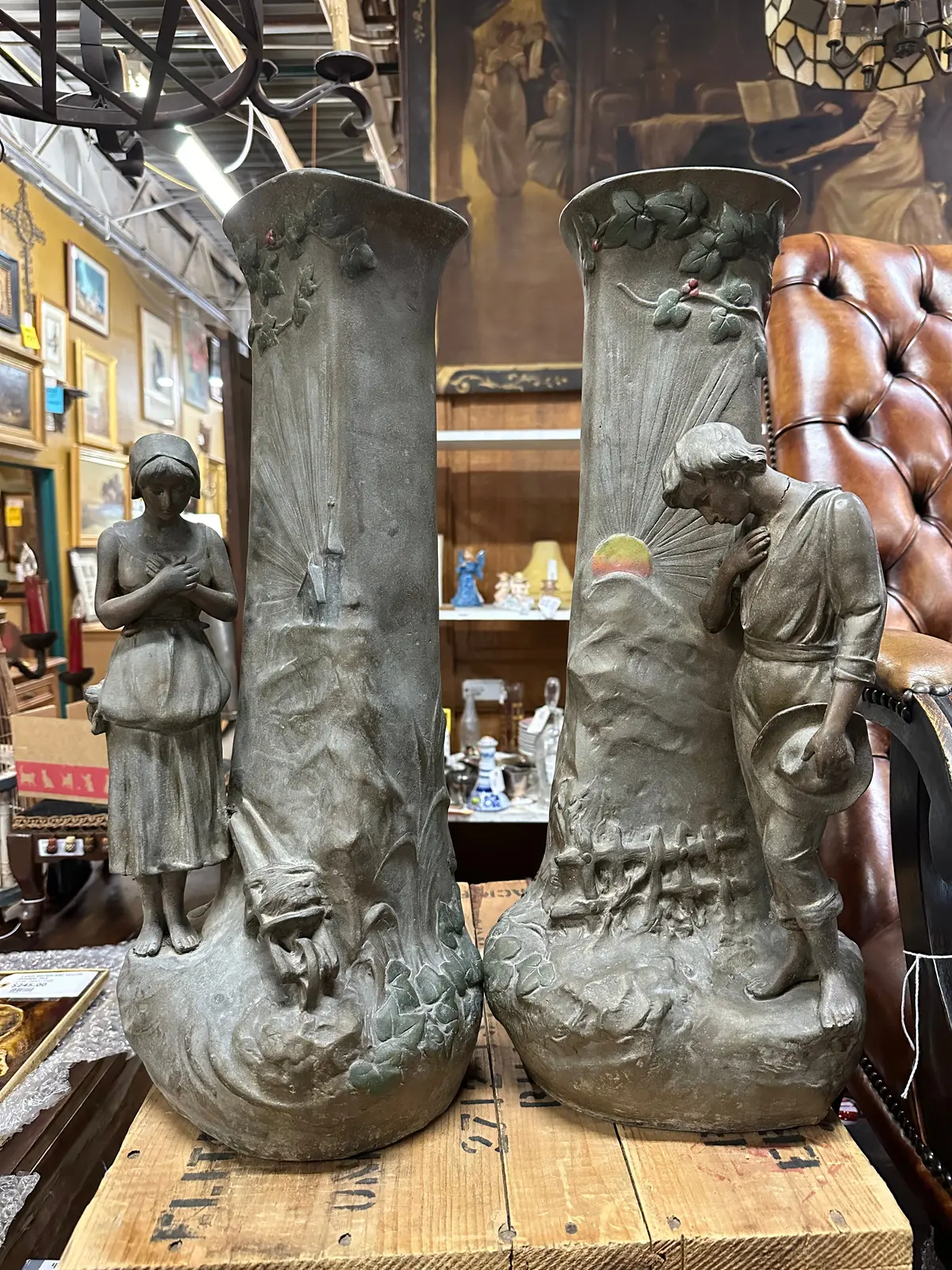 Pair Of Spelter Art Nouveau Vases 1