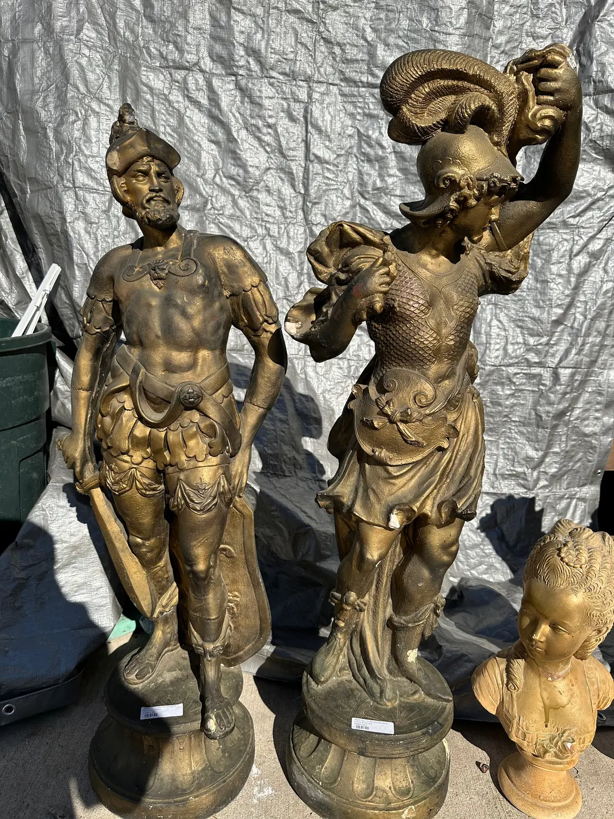Pair Tall Plaster Soldier Gold Statues 1