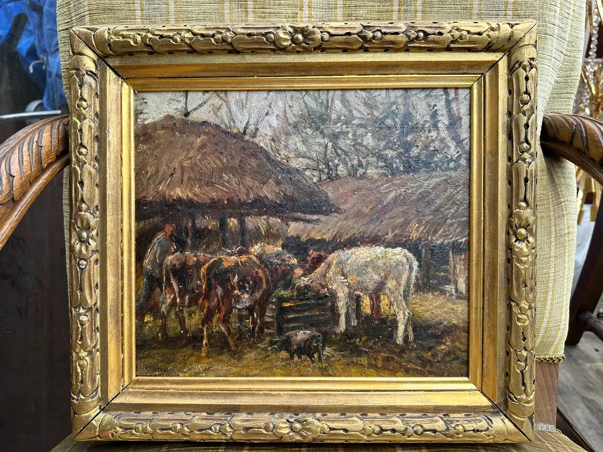 Oil Painting Of Cows  At The Trough-Signed 1
