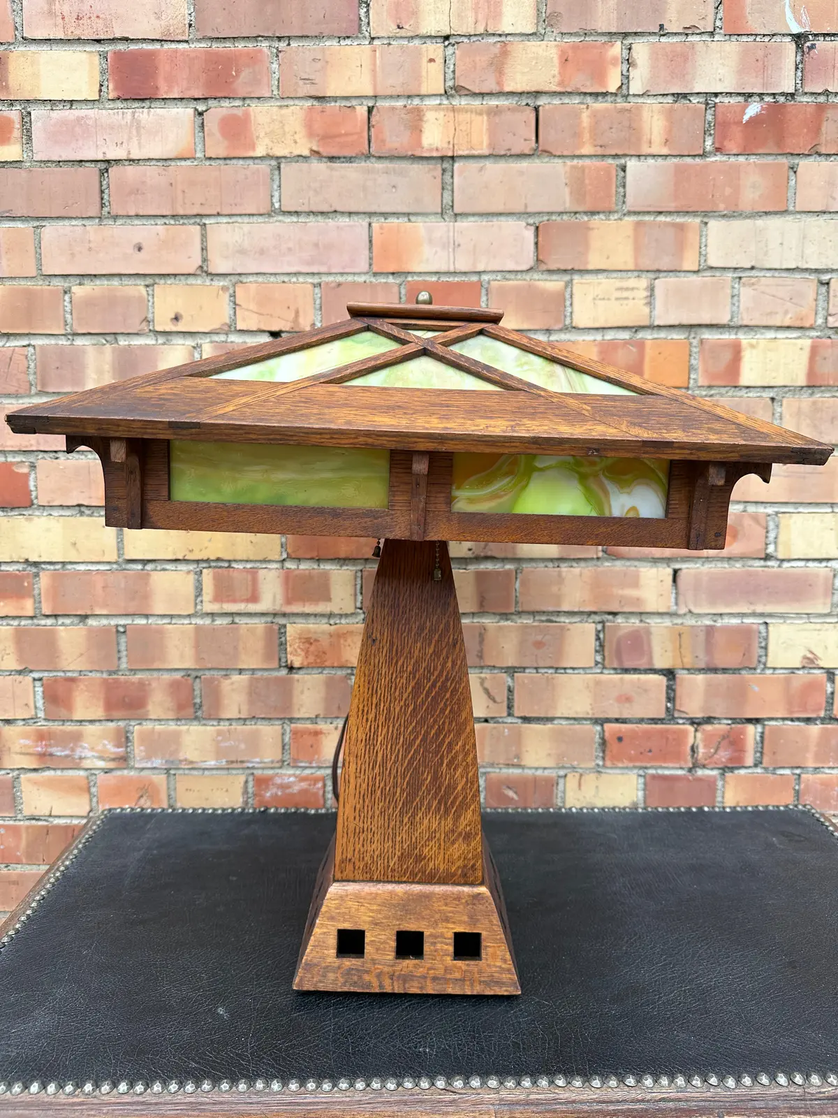 Mission Oak Arts And Crafts Slag Glass Lamp 1