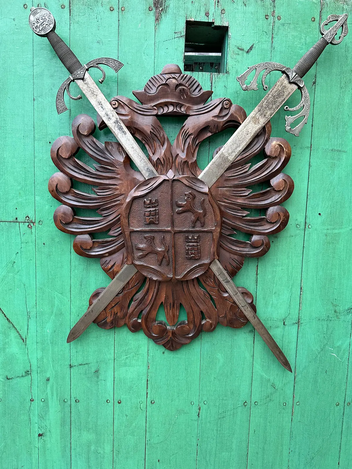 Double Headed Eagle Oak Crest With Swords 1