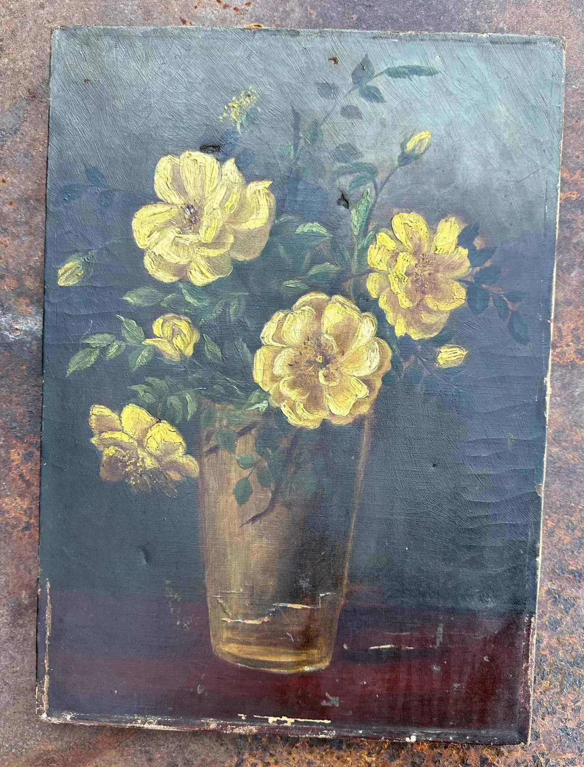 Floral Yellow Roses Painting No Frame 19Th Century As Found 1