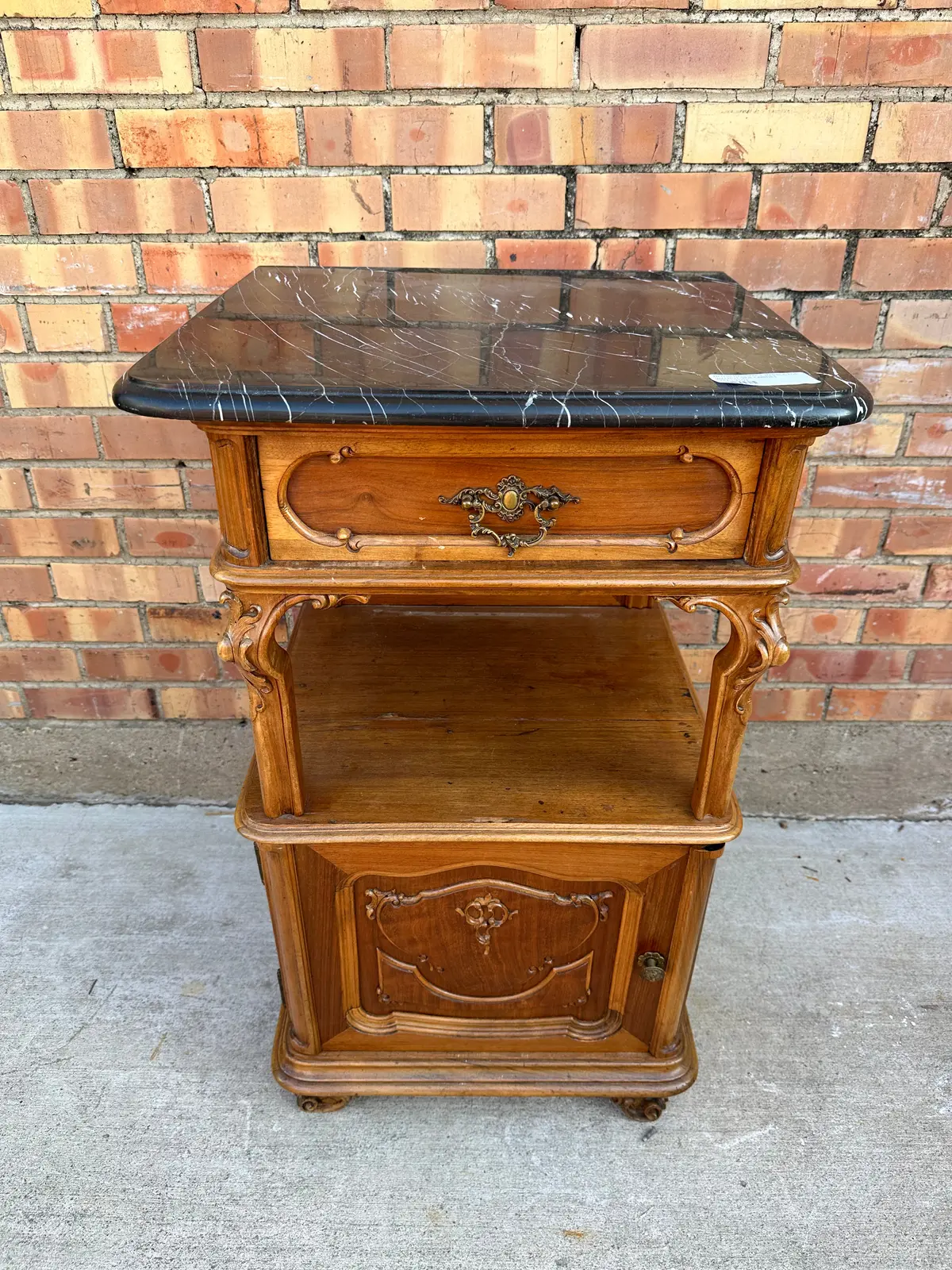French Marble Top Walnut Side Cabinet 1