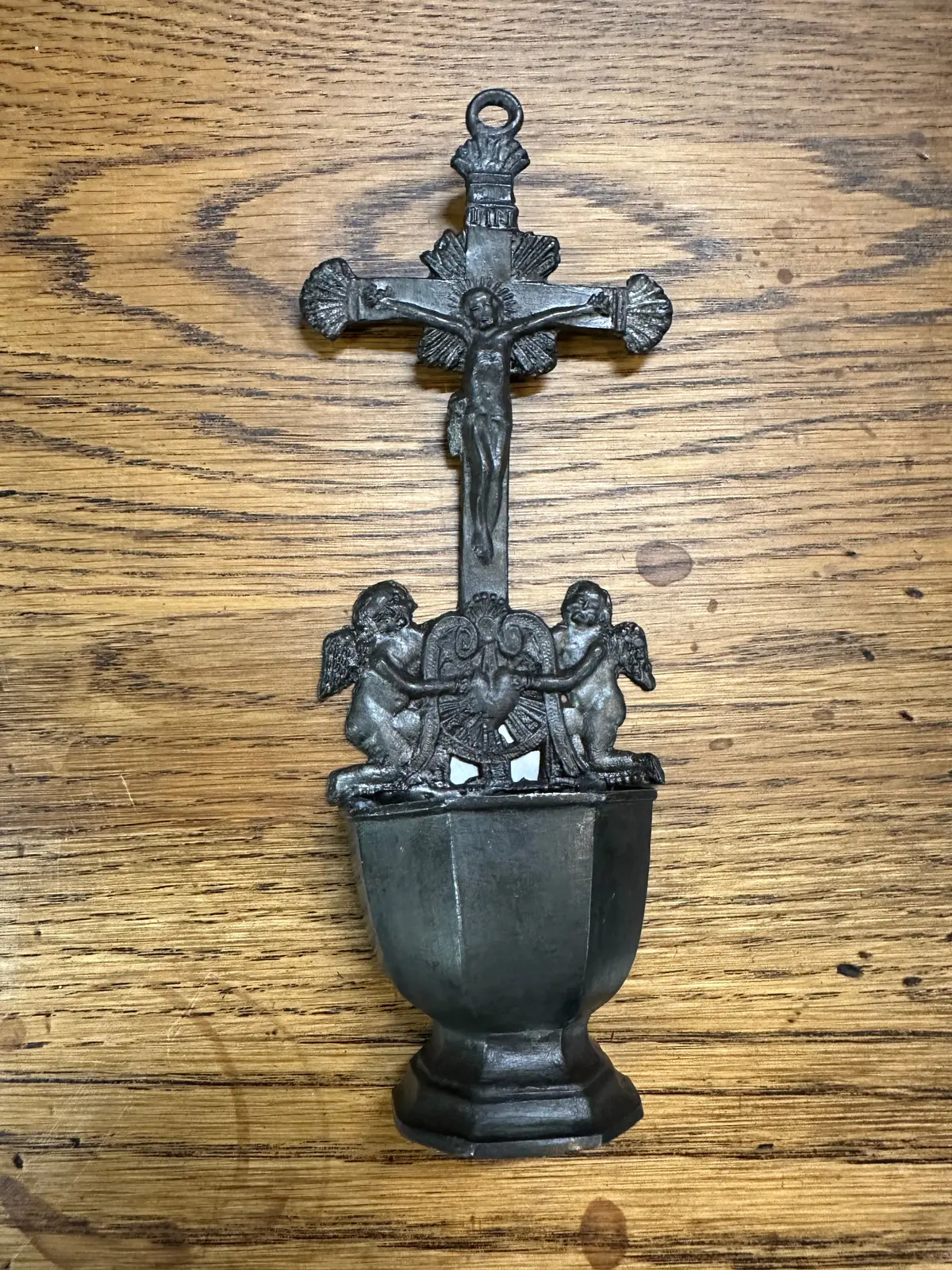 Small Pewter With Angels Ornate Spelter Holy Water Font 1