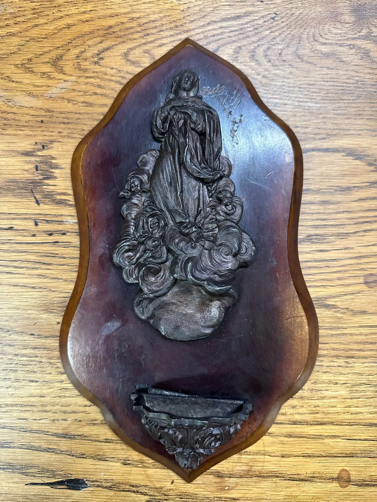Wood And Metal Ornate Figural Spelter Holy Water Font 1
