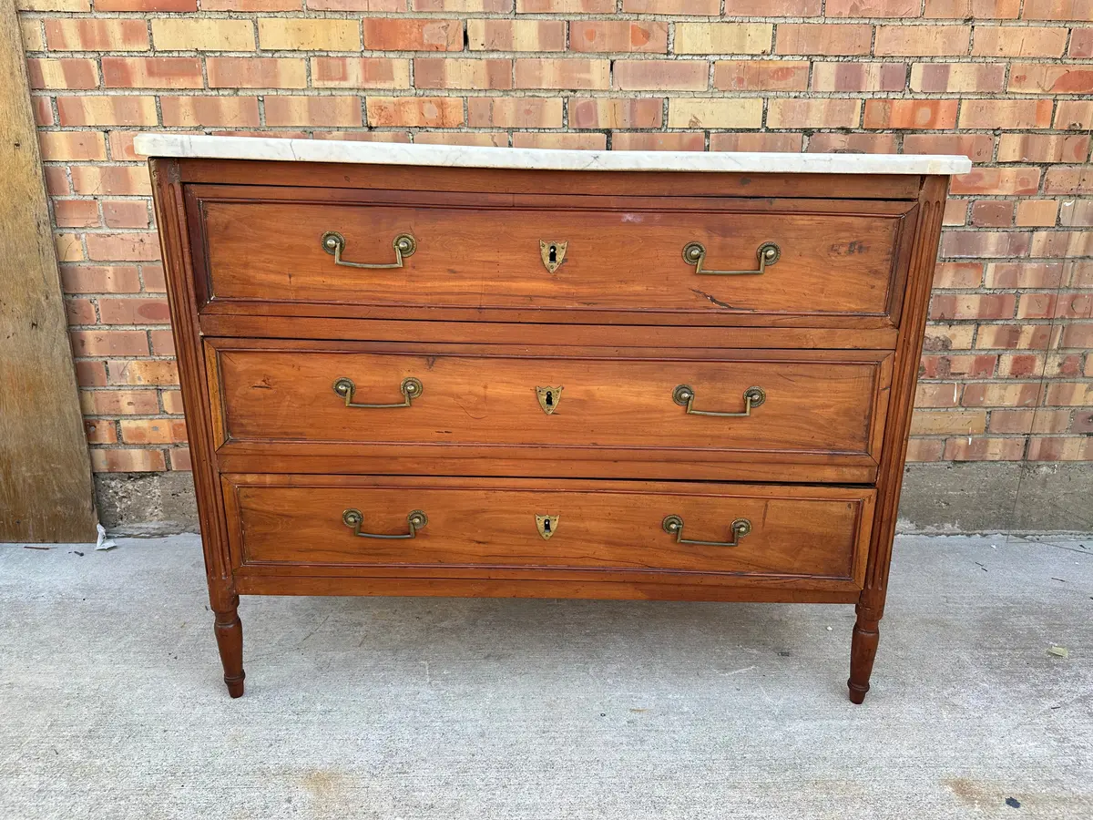 Louis Xvi Walnut Commode Chest With White Marble Top 1