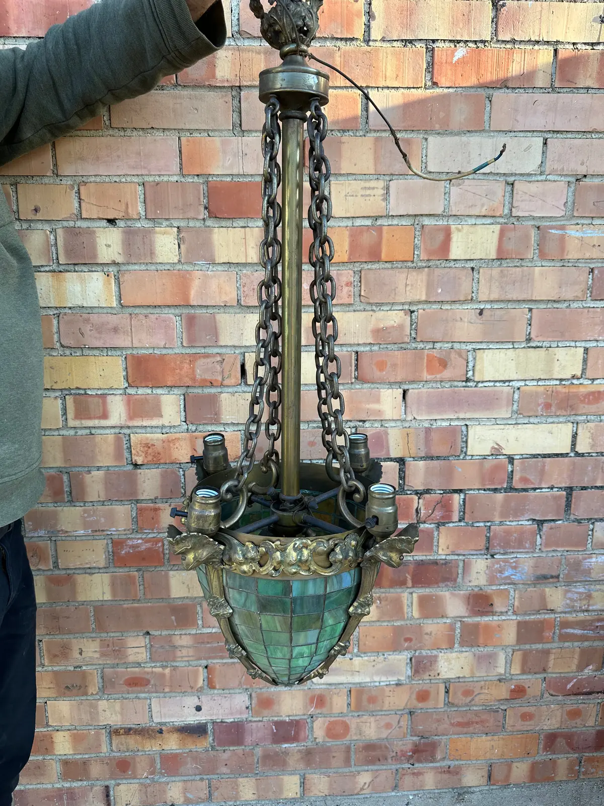 Louis Xvi Stained Glass And Brass Pendant Chandelier 1
