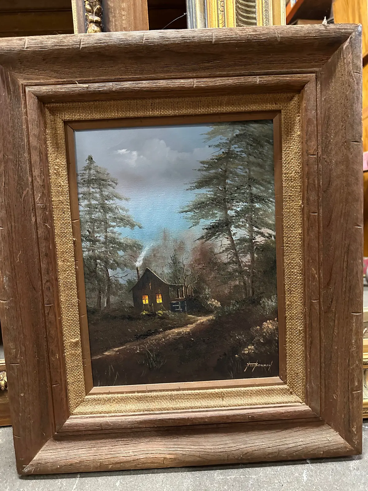 Framed Oil Painting Of Cabin At Night 1