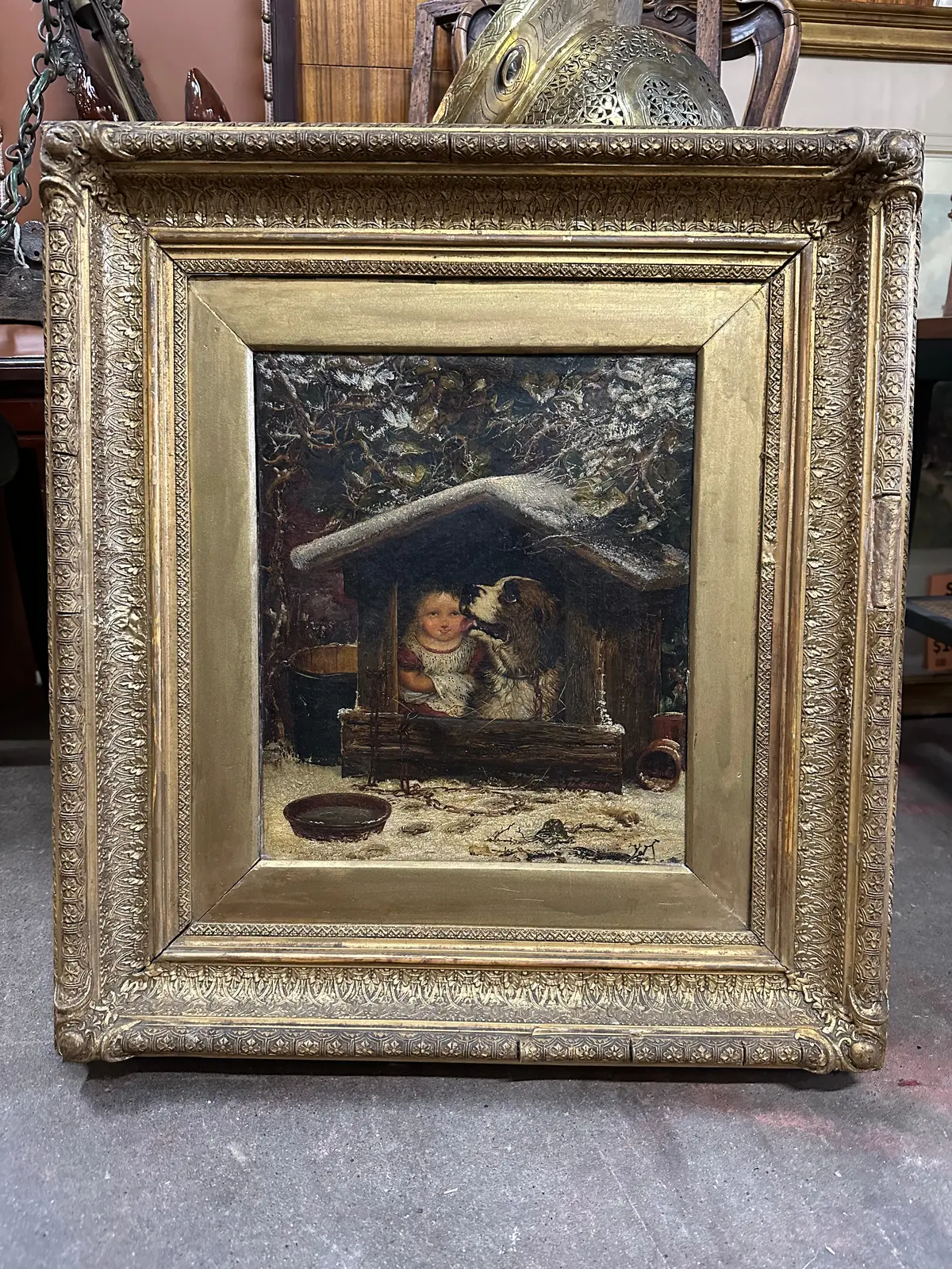 Oil Painting Of Girl With Dog By J.H. Sharp 1883 1