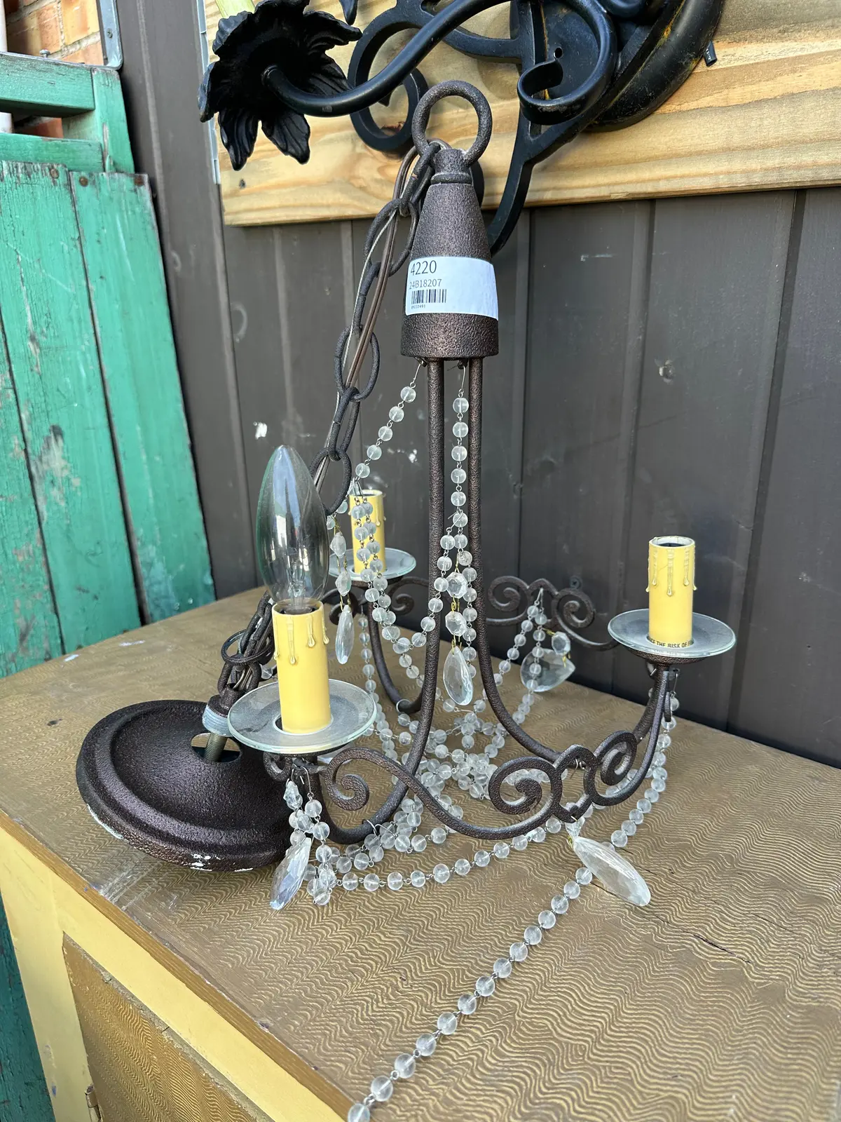 Small Three Light Iron And Prism Chandelier As Found 1