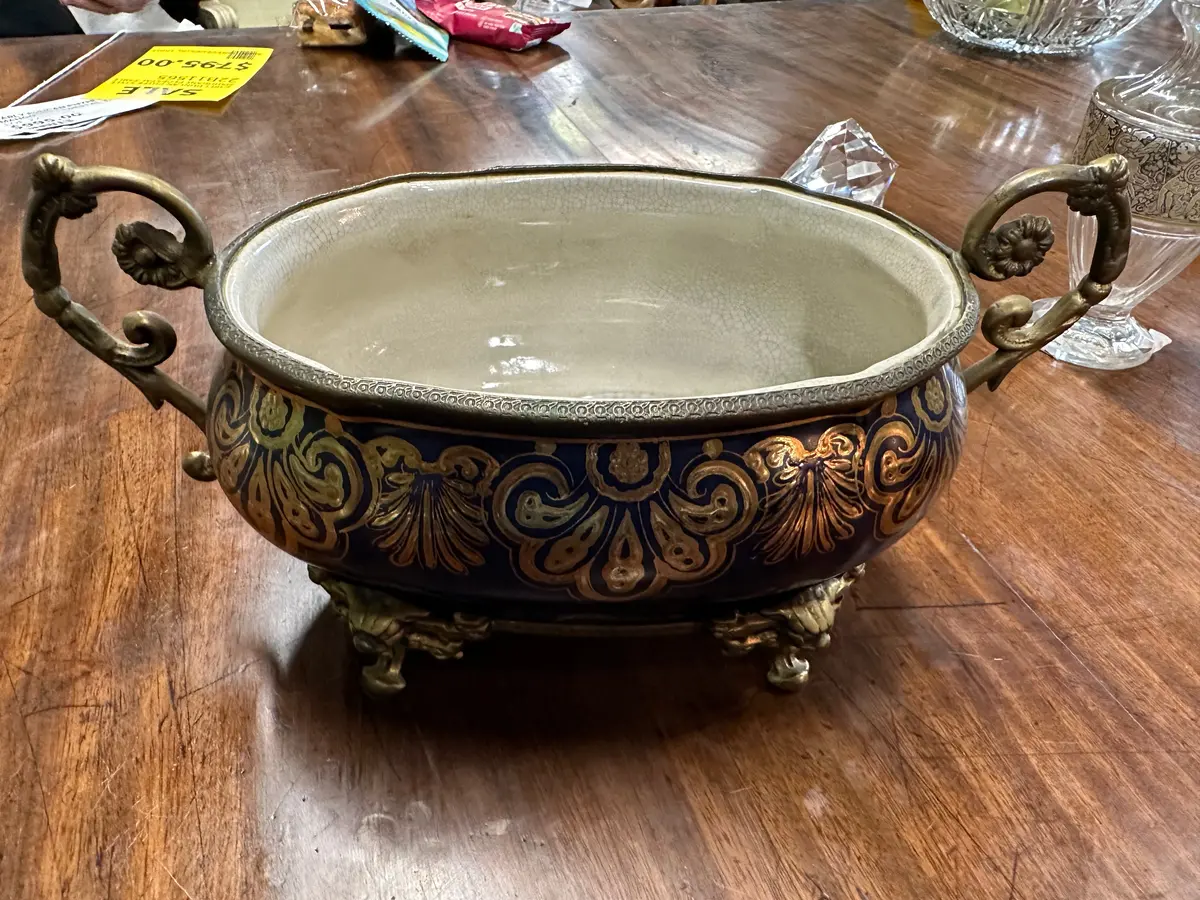 Vintage 1980'S  Small Oval Blue And Gold Jardinere 1