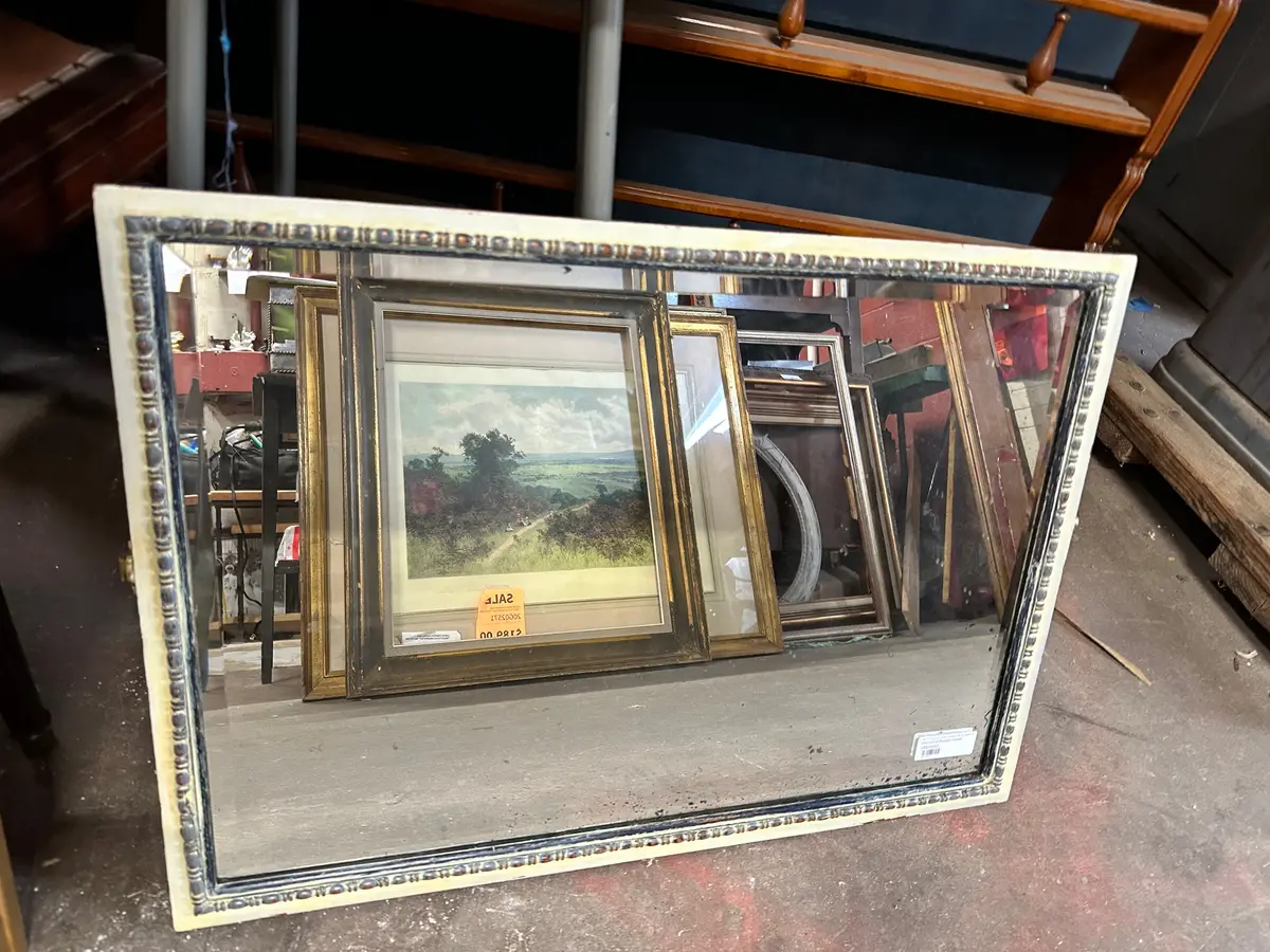 Beveled Glass Mirror In White And Gold Beaded Frame 1