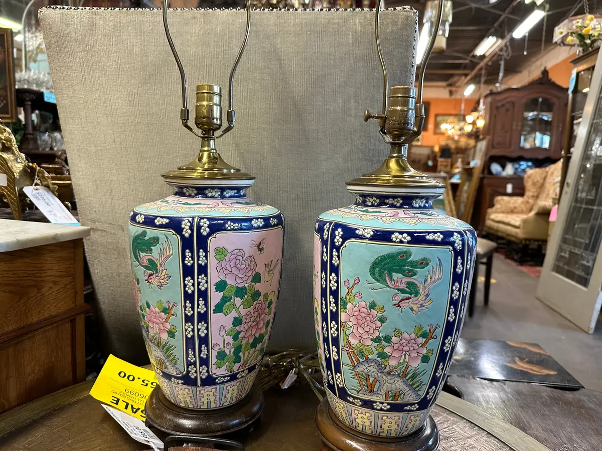 Pair Of Blue Chinese Pottery Floral Lamps 1