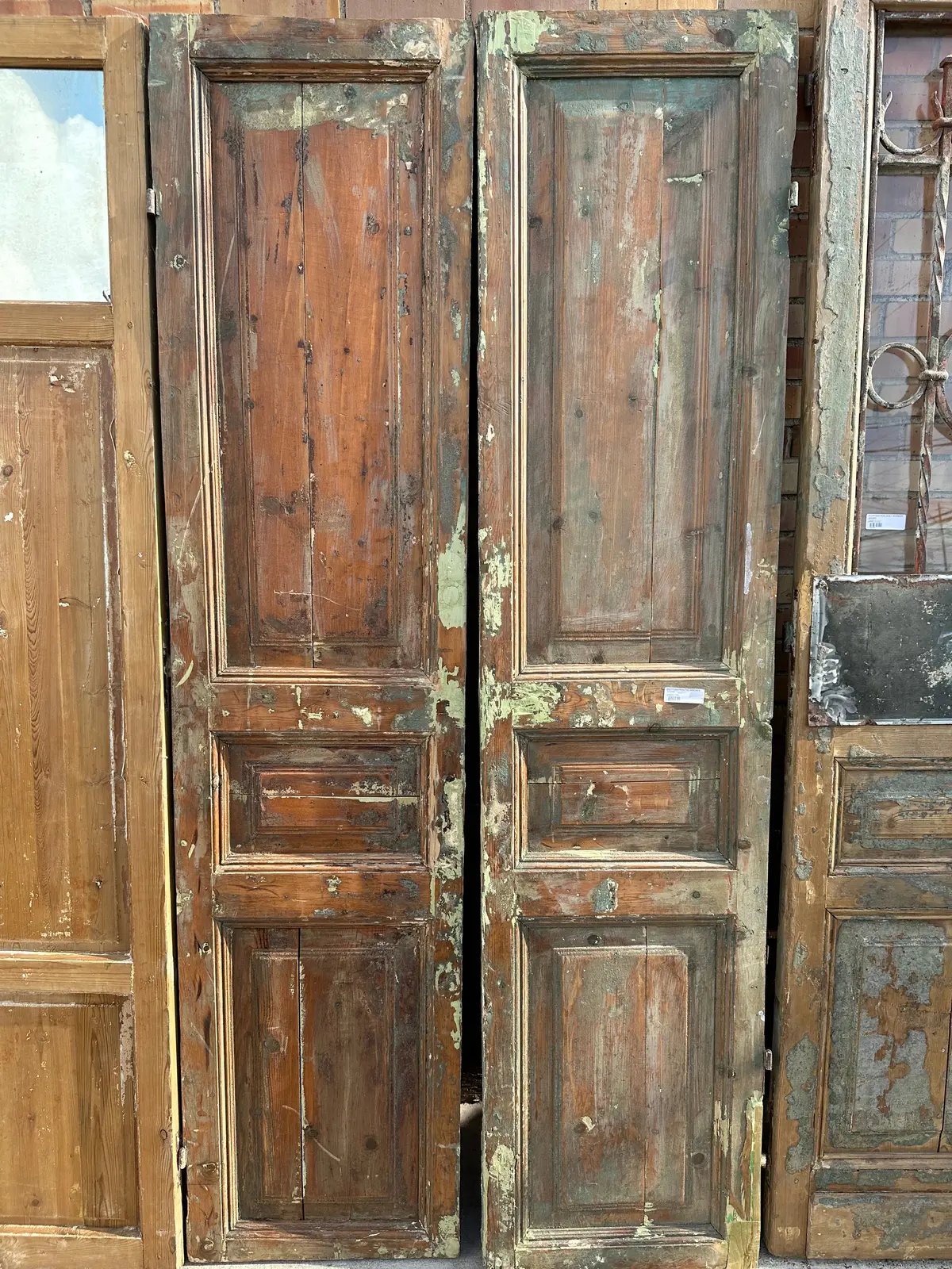 Pair Of Egyptian Primitive Wood  Doors With Green Worn Paint 1