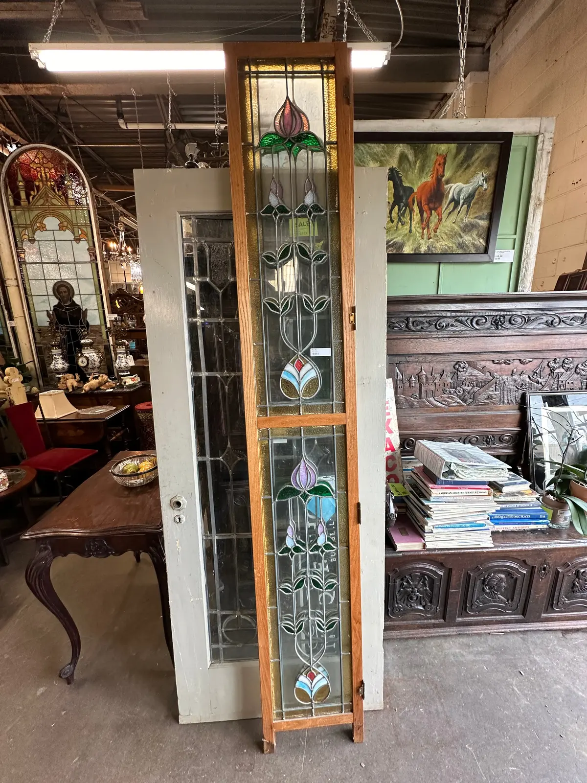 Pair Of Tall Skinny Framed American Satined Glass Sidelight 1