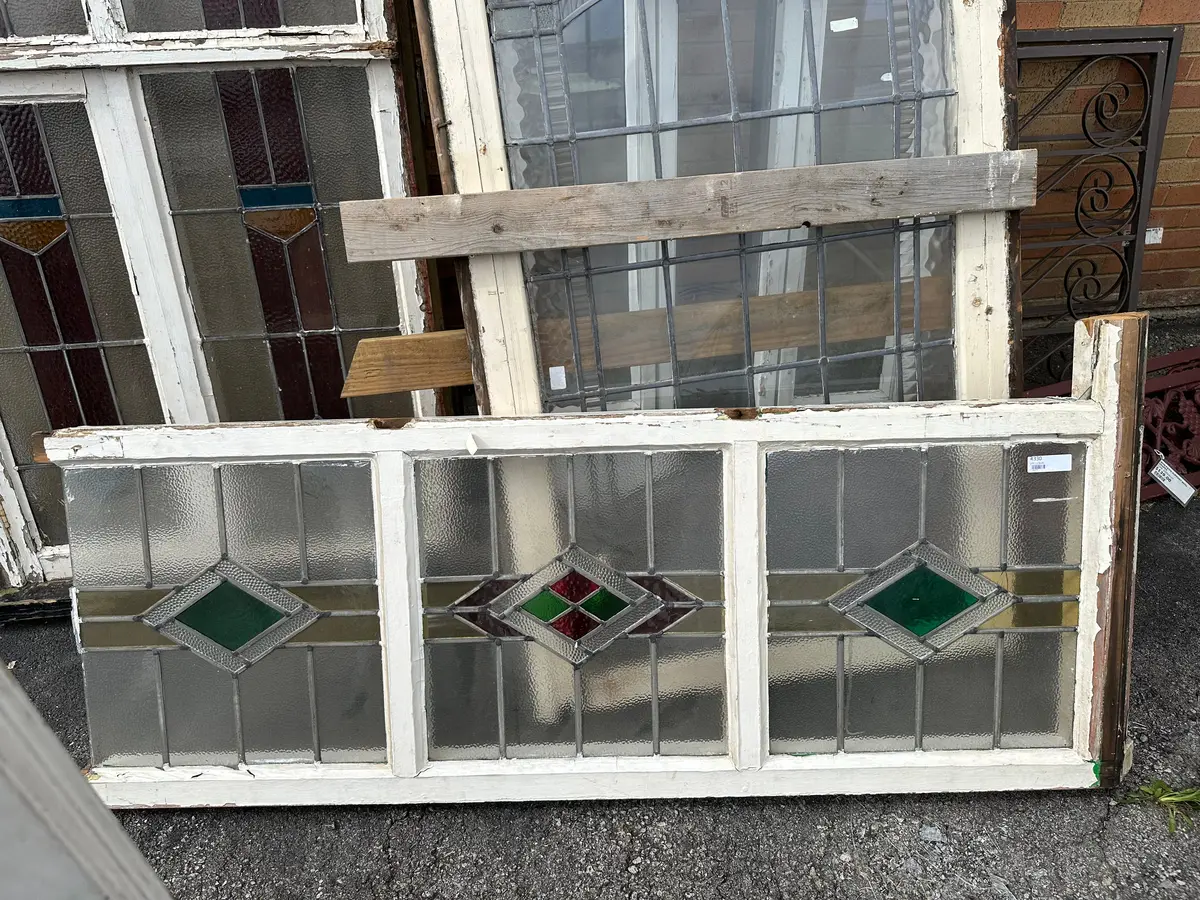 3 Panel Stained Glass Window With Green Diamond As Found 1