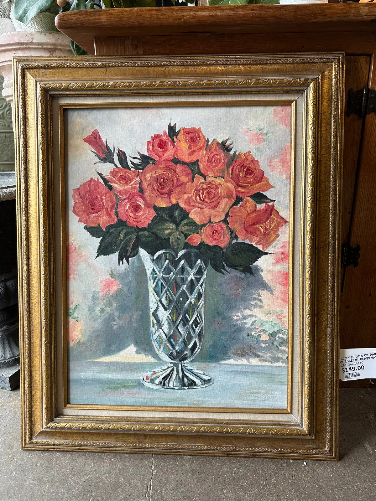 Nicely Framed Oil Painting Of Roses In  Glass Vase 1