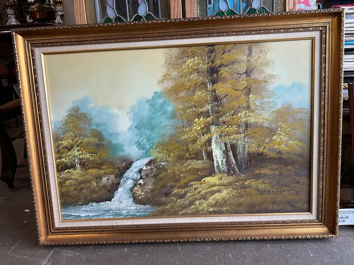Framed Oil Painting Of Forest With Water Fall 1