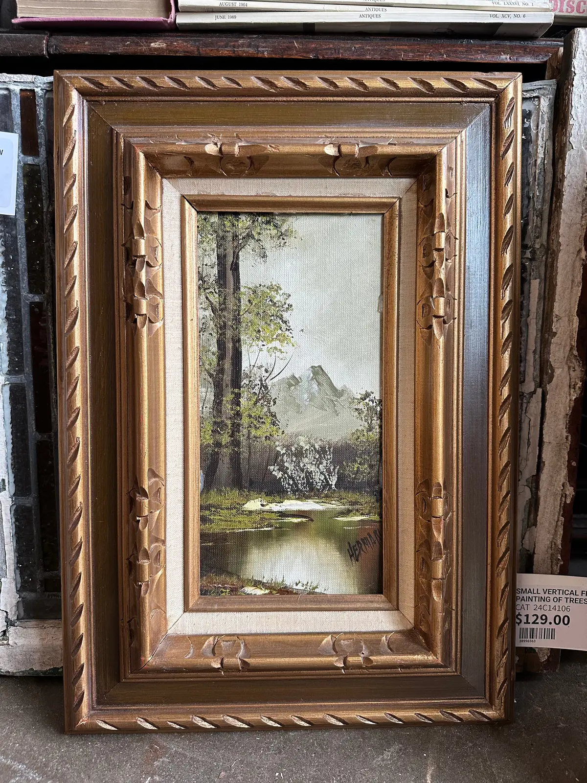 Small Vertical Framed Oil Painting Of Trees-Signed 1