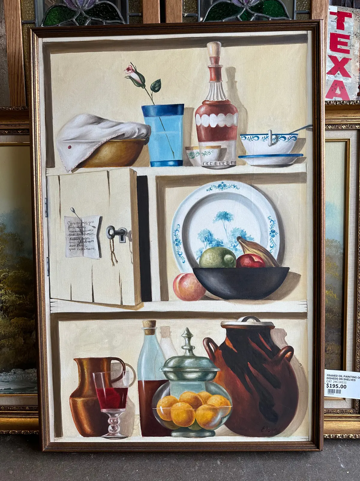 Framed Oil Painting Of Disheds On Shelves 1