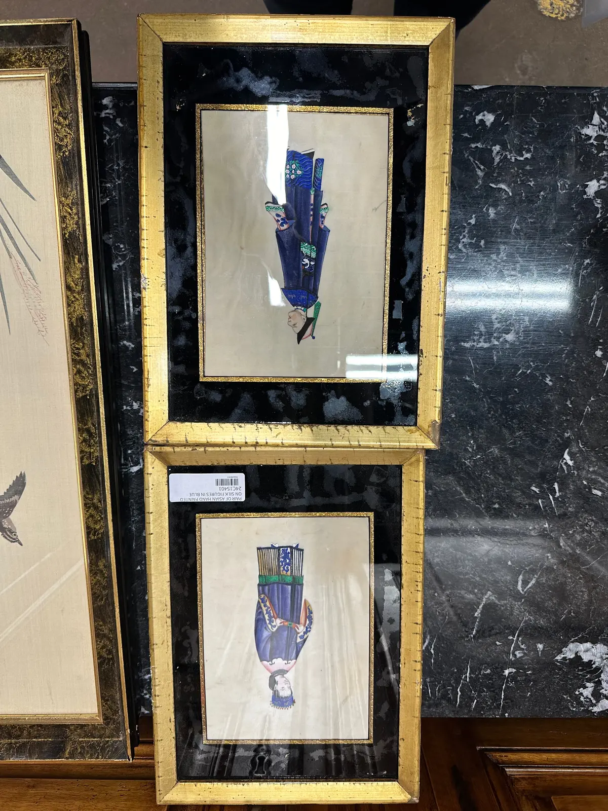 Pair Of Asian Hand Painted On Silk Figures In Blue 1