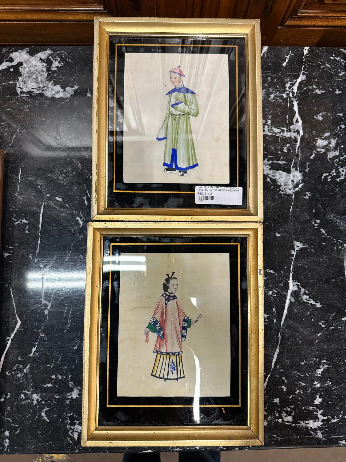 Pair Of Asian Hand Painted On Silk Figures In Green And Pink 1