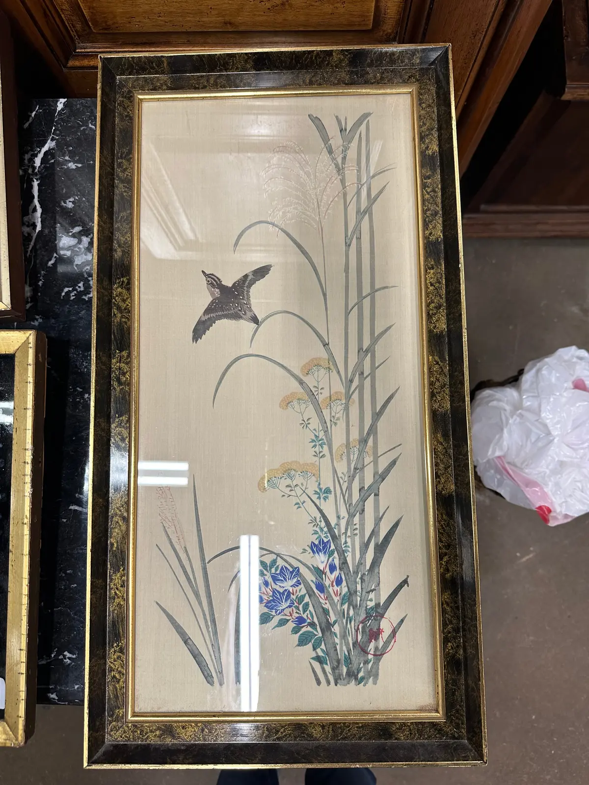 Fancy Framed Bird On Silk Painting With With Blue Flowers 1