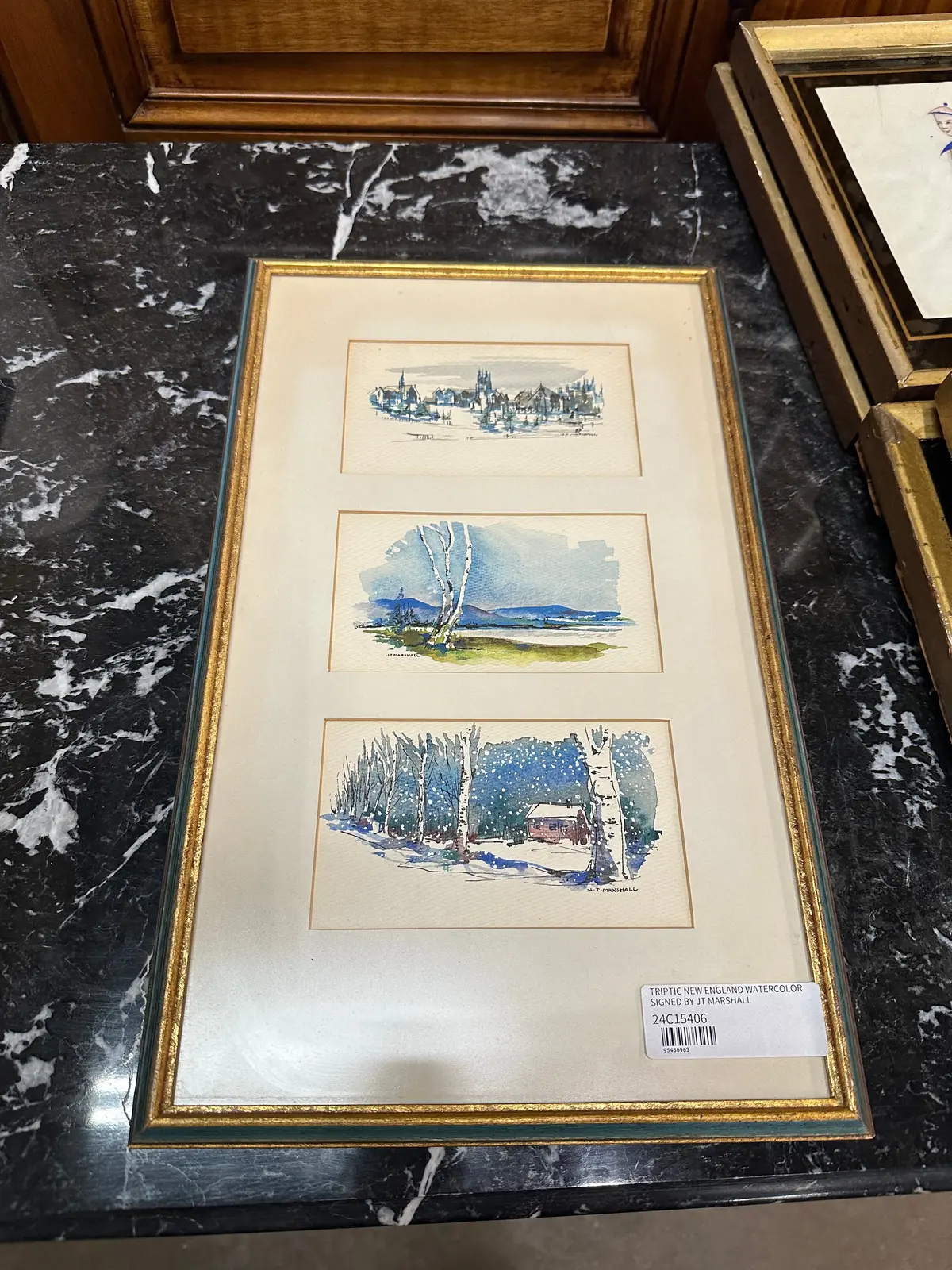 Triptic New England Watercolor Signed By Jt Marshall 1