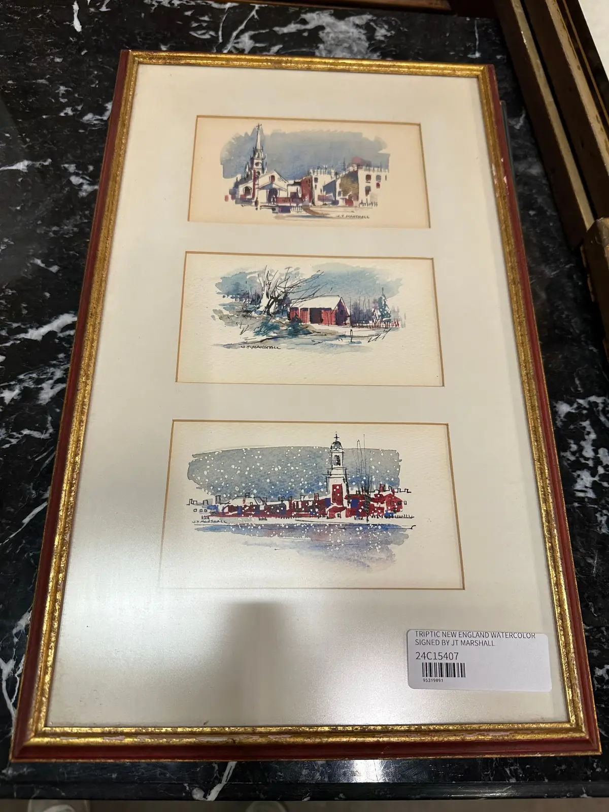 Triptic New England Watercolor Signed By Jt Marshall 1