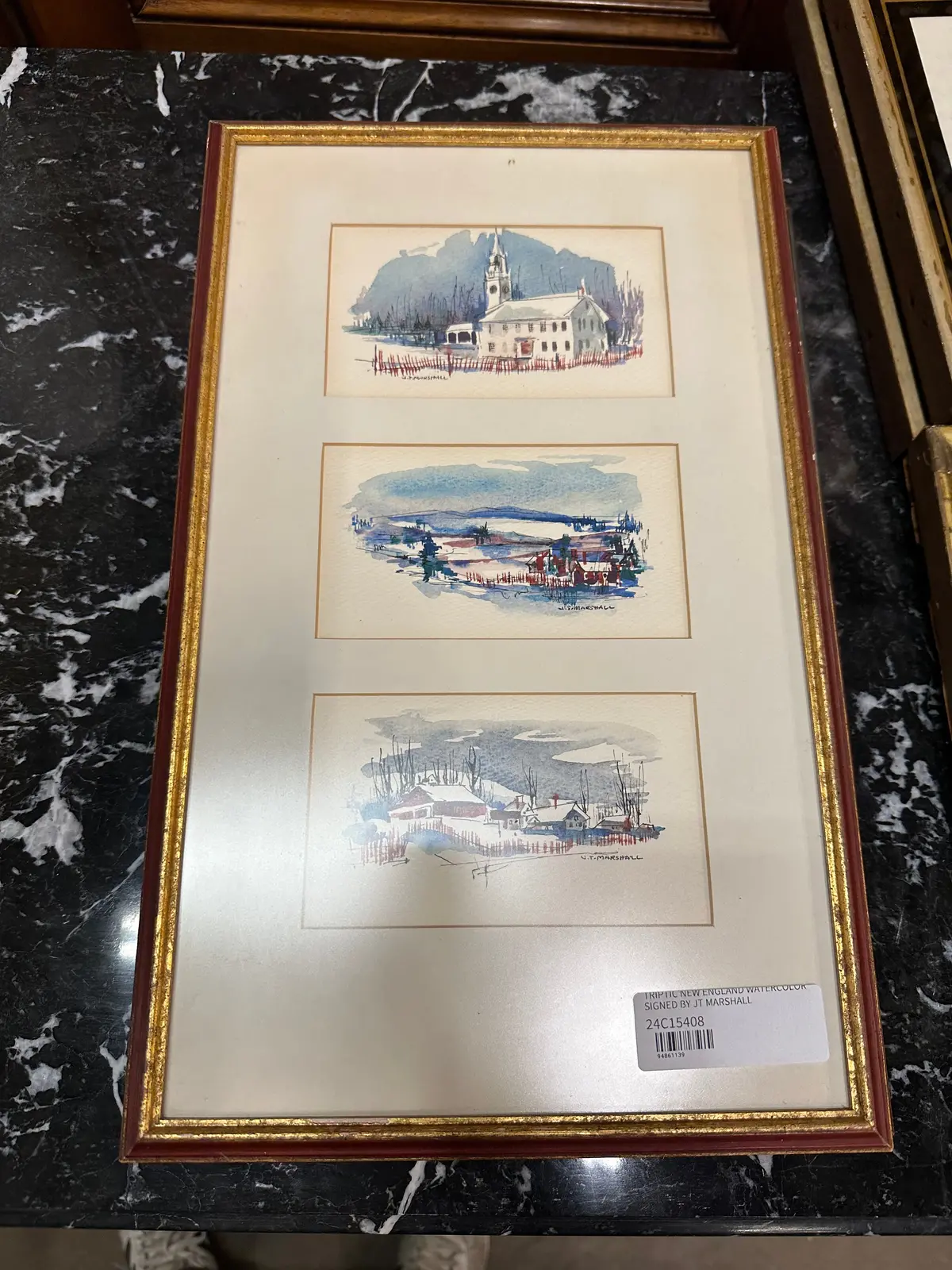 Triptic New England Watercolor Signed By Jt Marshall 1