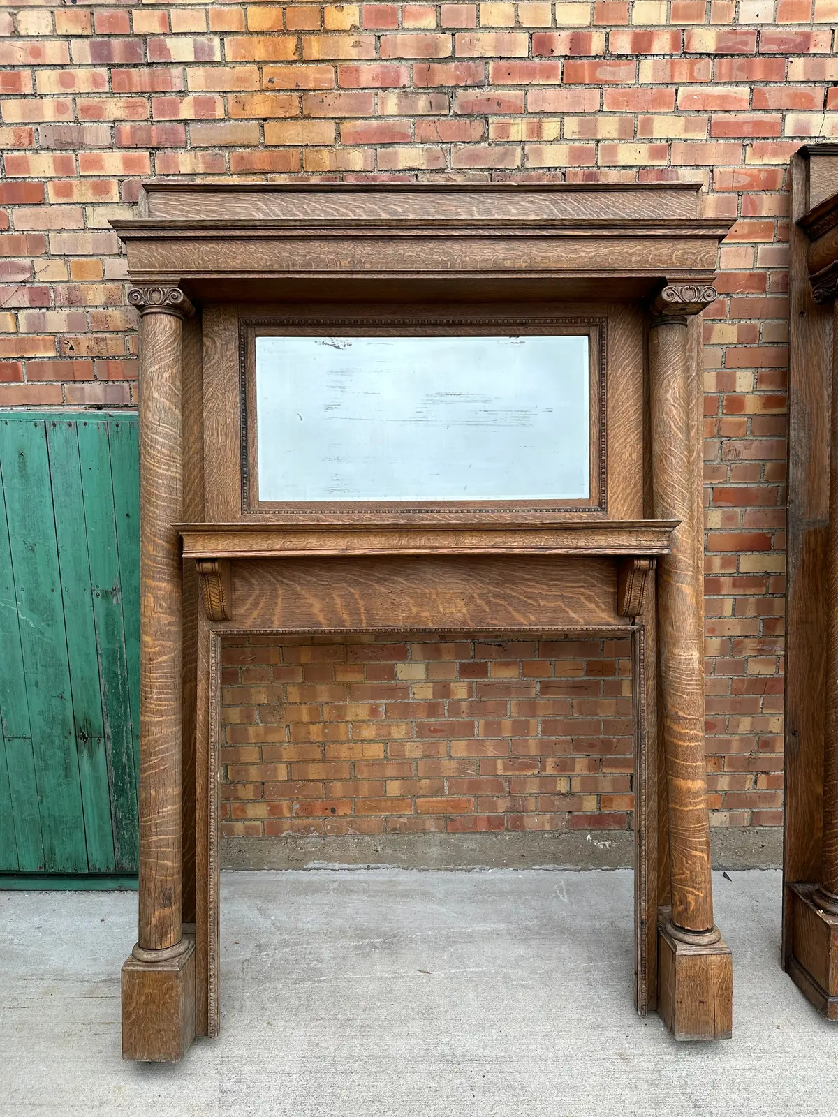 Quarter Sawn Oak Fire Place Mantle With Shaped Beveled Glass Mirror As Found 1
