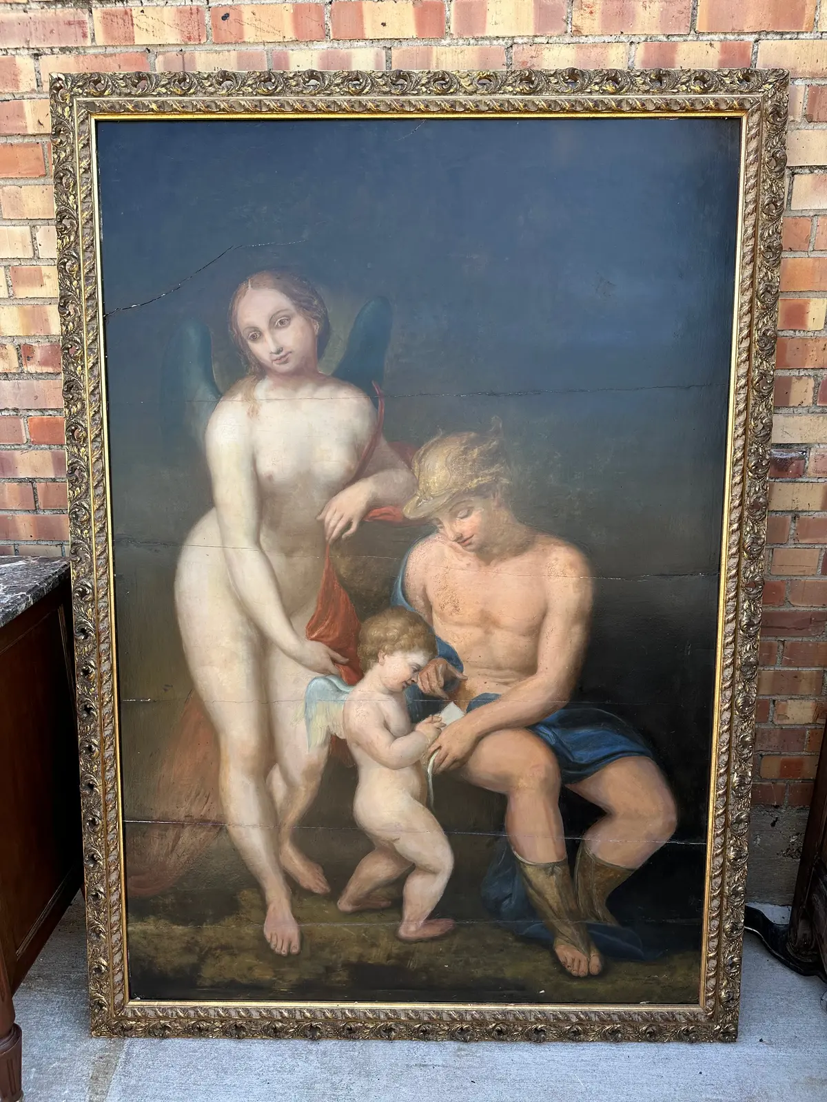 Framed Early Oil Painting With Angels On Board As Found 1