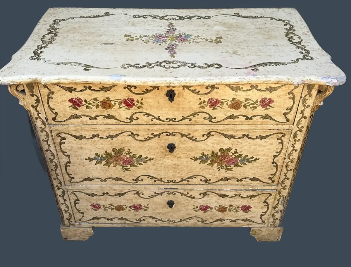 Early Pine Chest With Hand Painted Roses And Scrolls 1