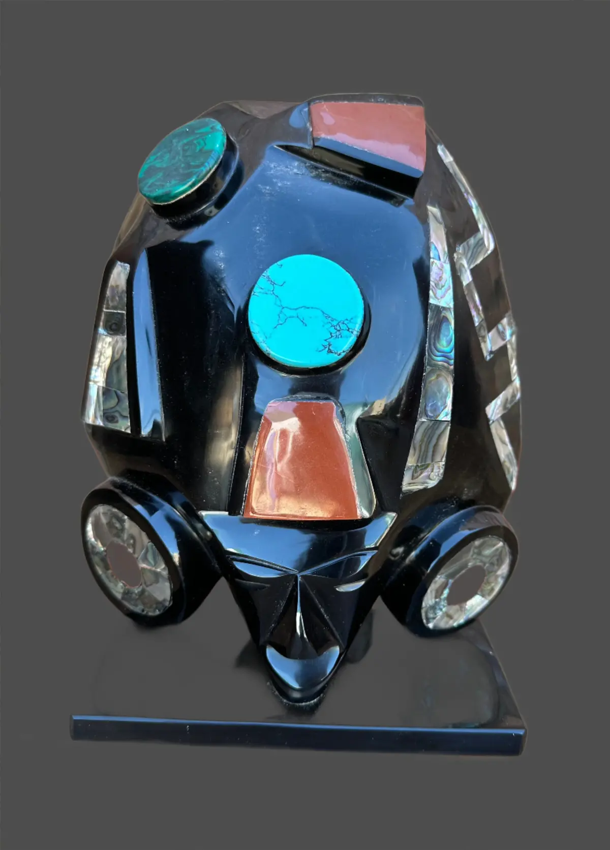 Carved Black Mask With Shells And Stone 1