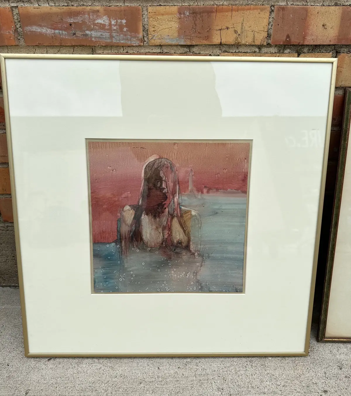 Water Color Of Semi Nude Lady In Red And Gray Signed Tom Baily 1