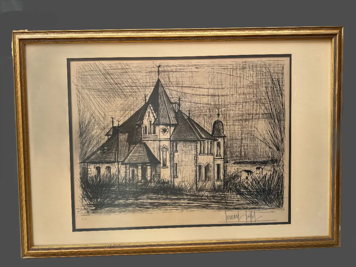 Signed Charcol Drawing Of Church By Bernar Buffet 1
