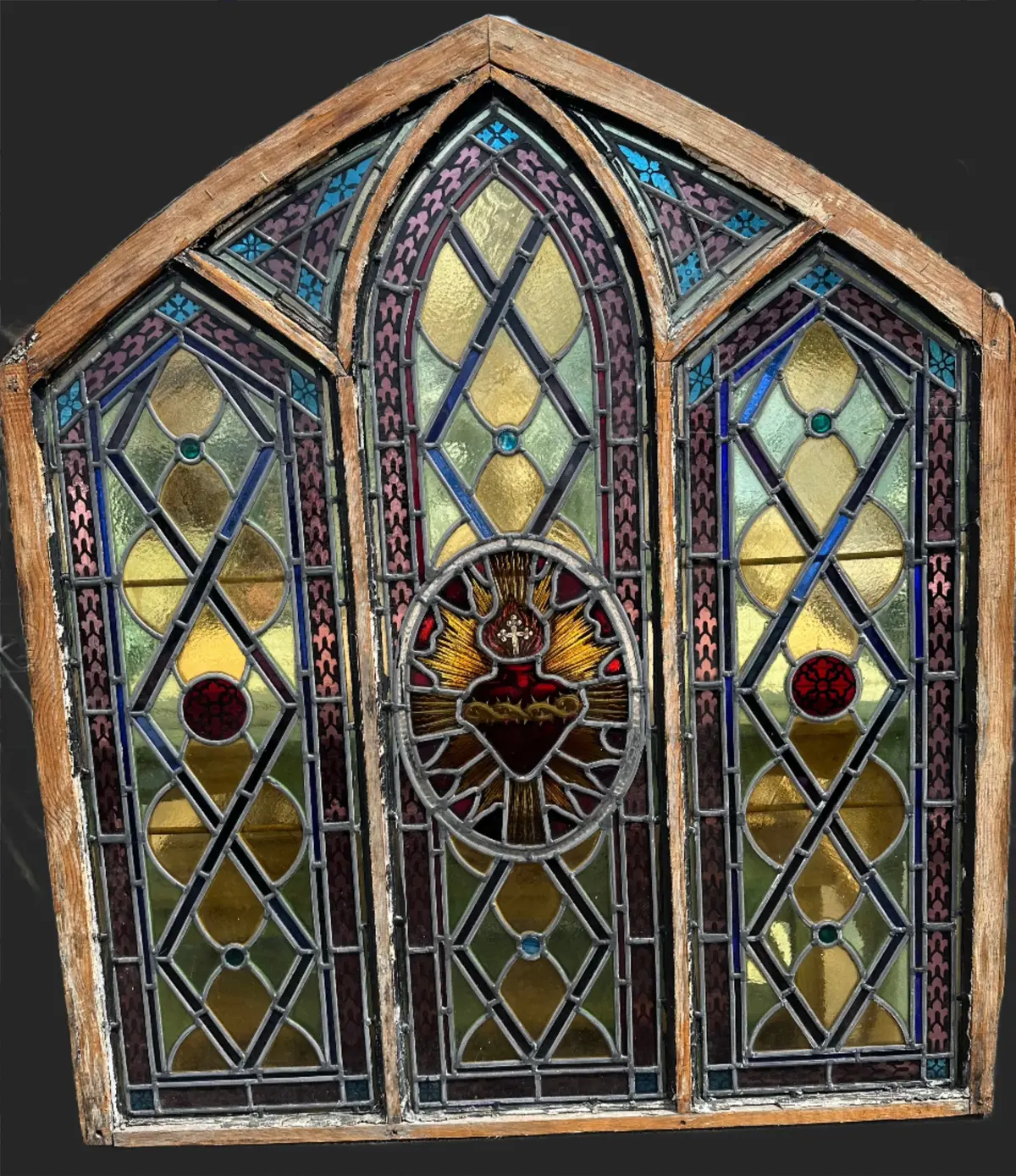 Large Sacred Heart Hand Painted Arched Stained Glass Church Window 1