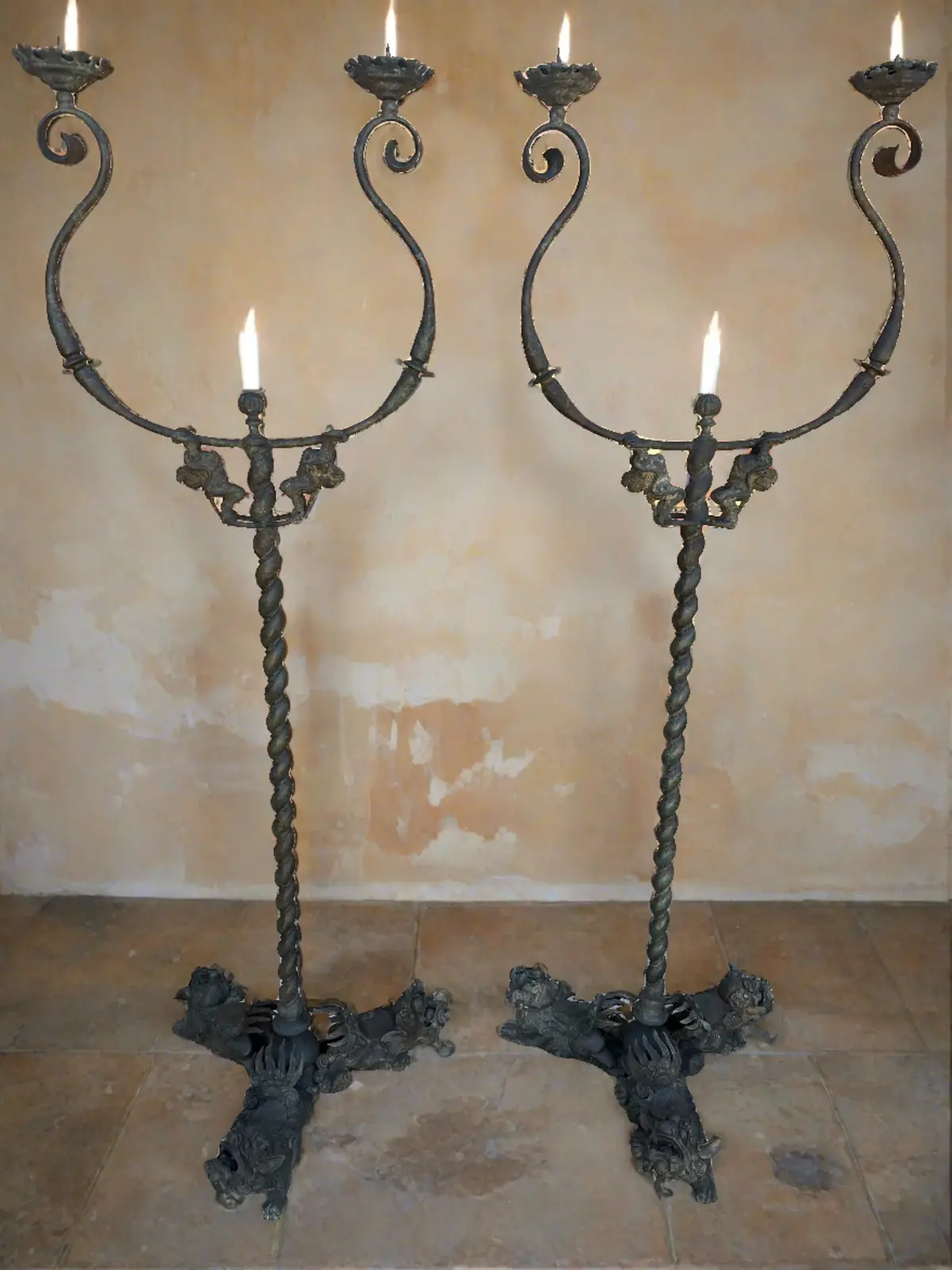 Pair Of Large Bronze Foo Dog Floor Candelabra 1