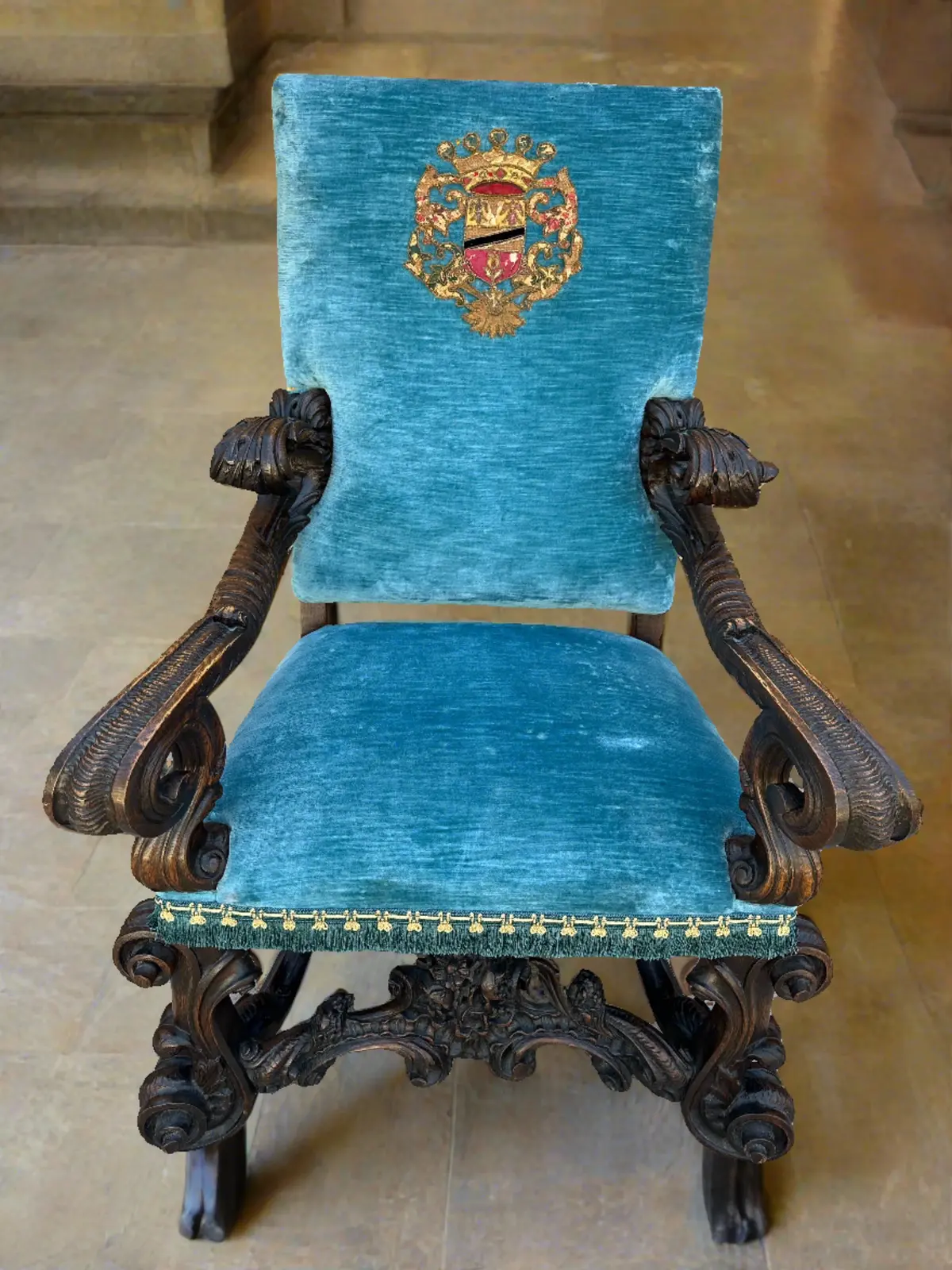 Incredibly Carved Italian Blue Velvet Arm Chair 1