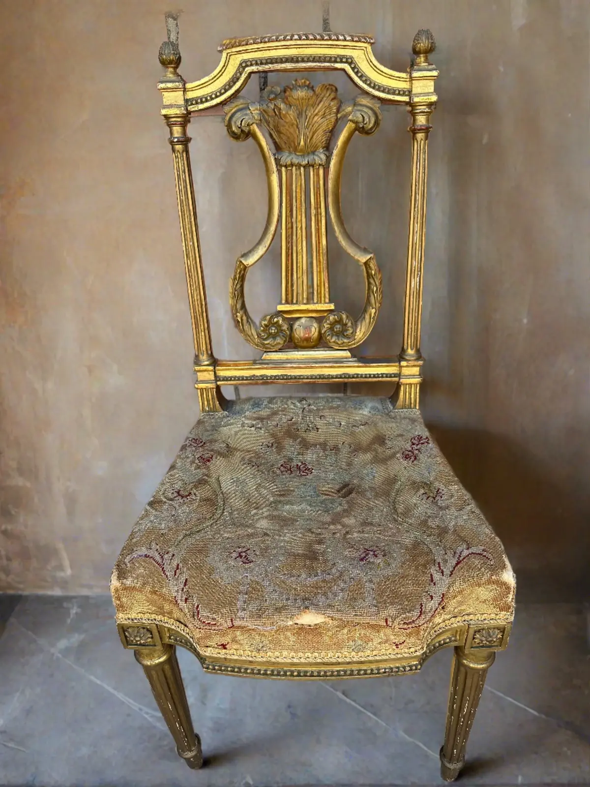 Gilt Lyre Back Louis Xi Needlepoint Side Chair 1